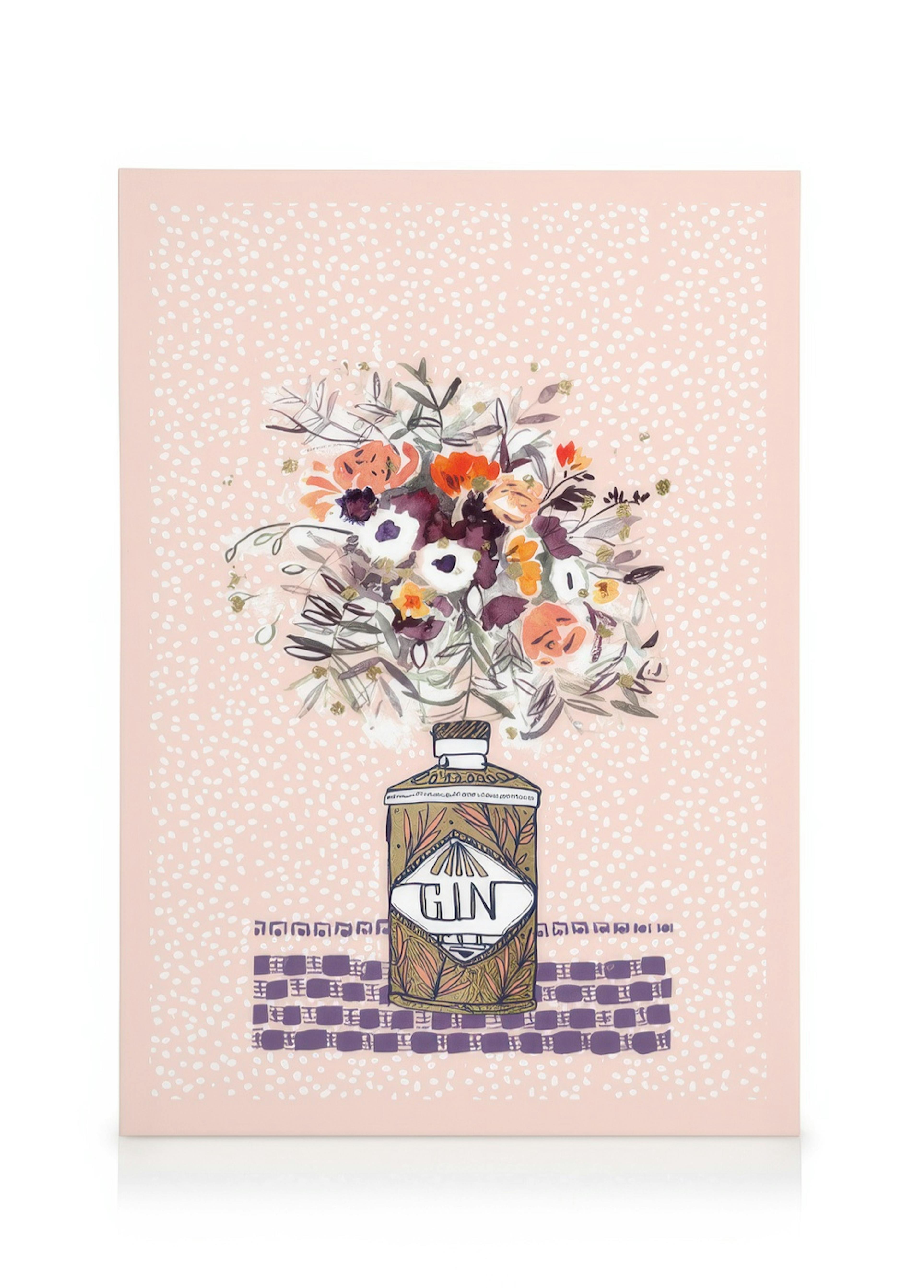 Obraz na płótnie: kolorowy bukiet kwiatów w butelce po ginie z różowym tłem w kropki, dodający kwiatowy urok.