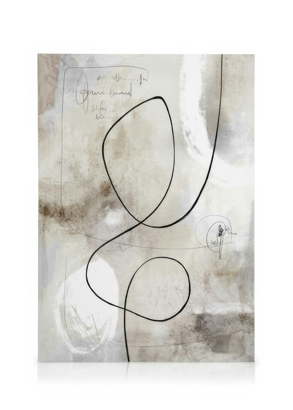 Abstraktes Kunstleinwandbild mit schwarzer Linienführung auf beigem Hintergrund, Pinselstrichen und geschwungenen Formen, modern