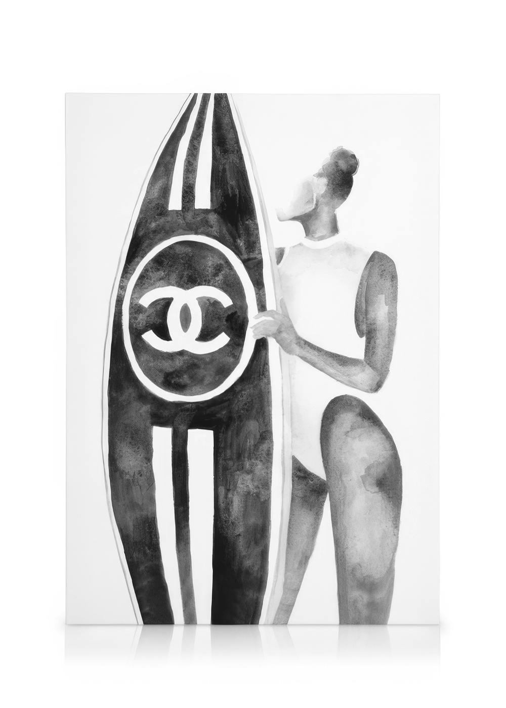Black and white watercolor of a person holding a surfboard with a double C logo, side-on view.