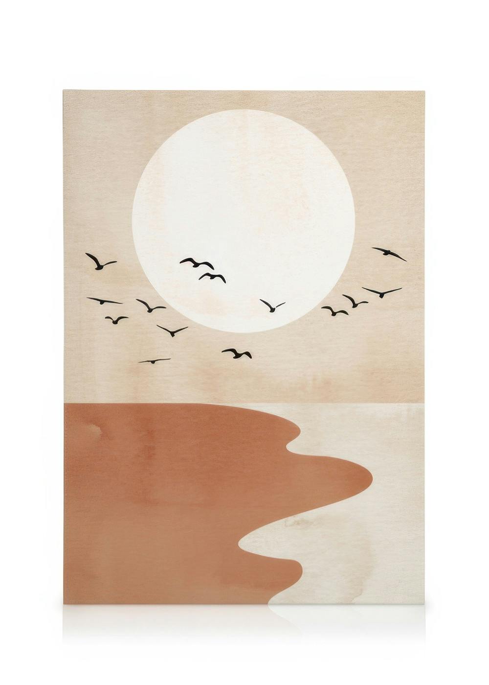 Stampa artistica beige con uccelli neri e sole bianco su orizzonte ondulato marrone.