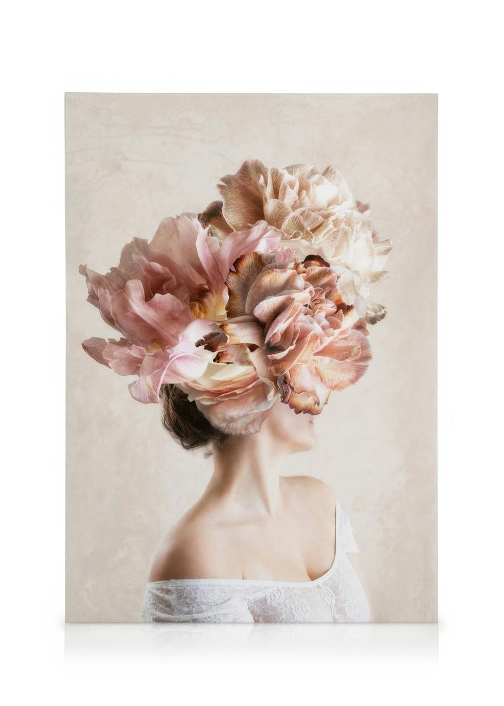Flower Lady No2 canvas print with a womans head covered by large, soft pink and peach floral blooms.