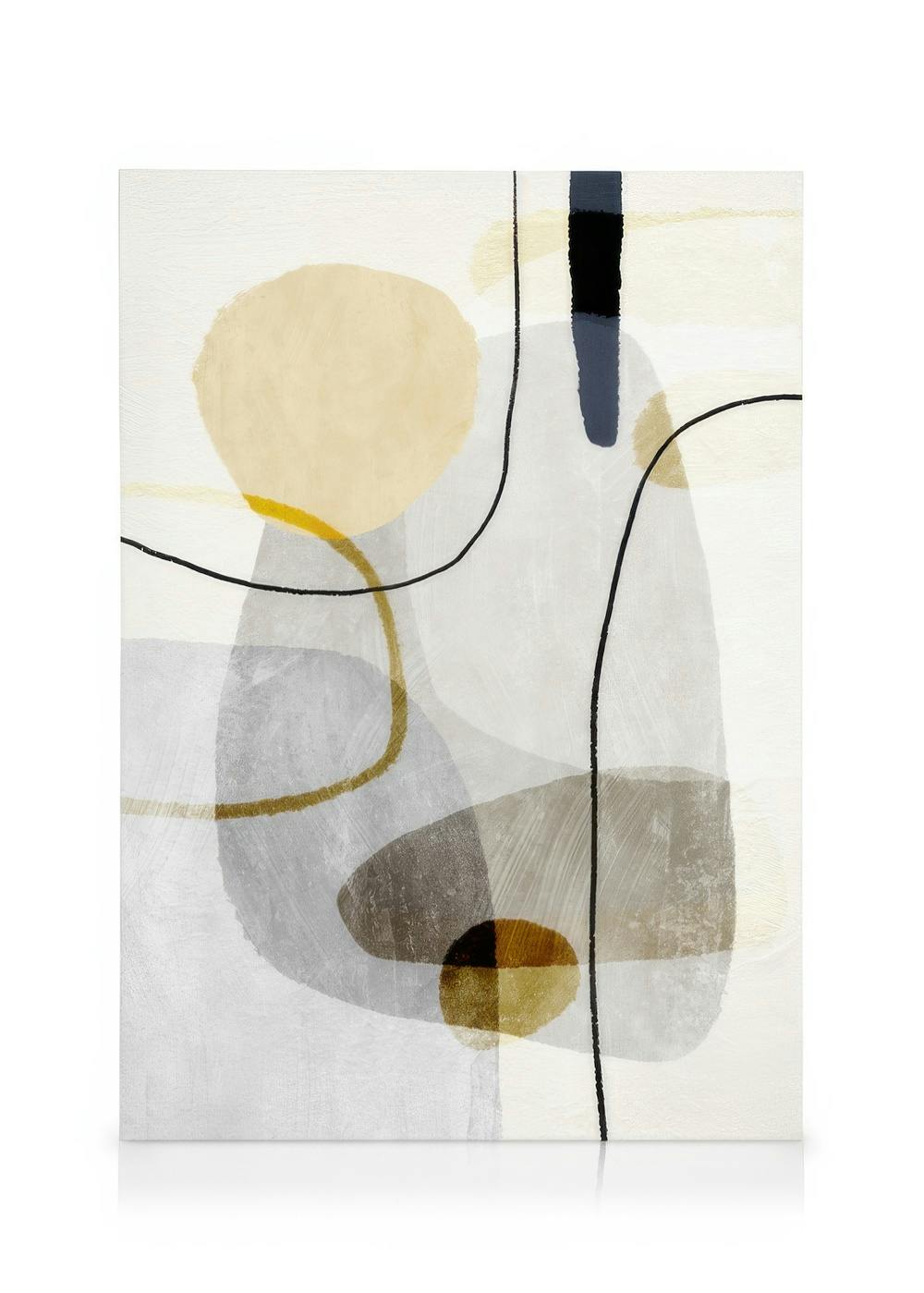 Κανβάς Yellow Touch Graphic No1, αφηρημένη τέχνη με κίτρινες, γκρι και μαύρες γραμμές και σχήματα.