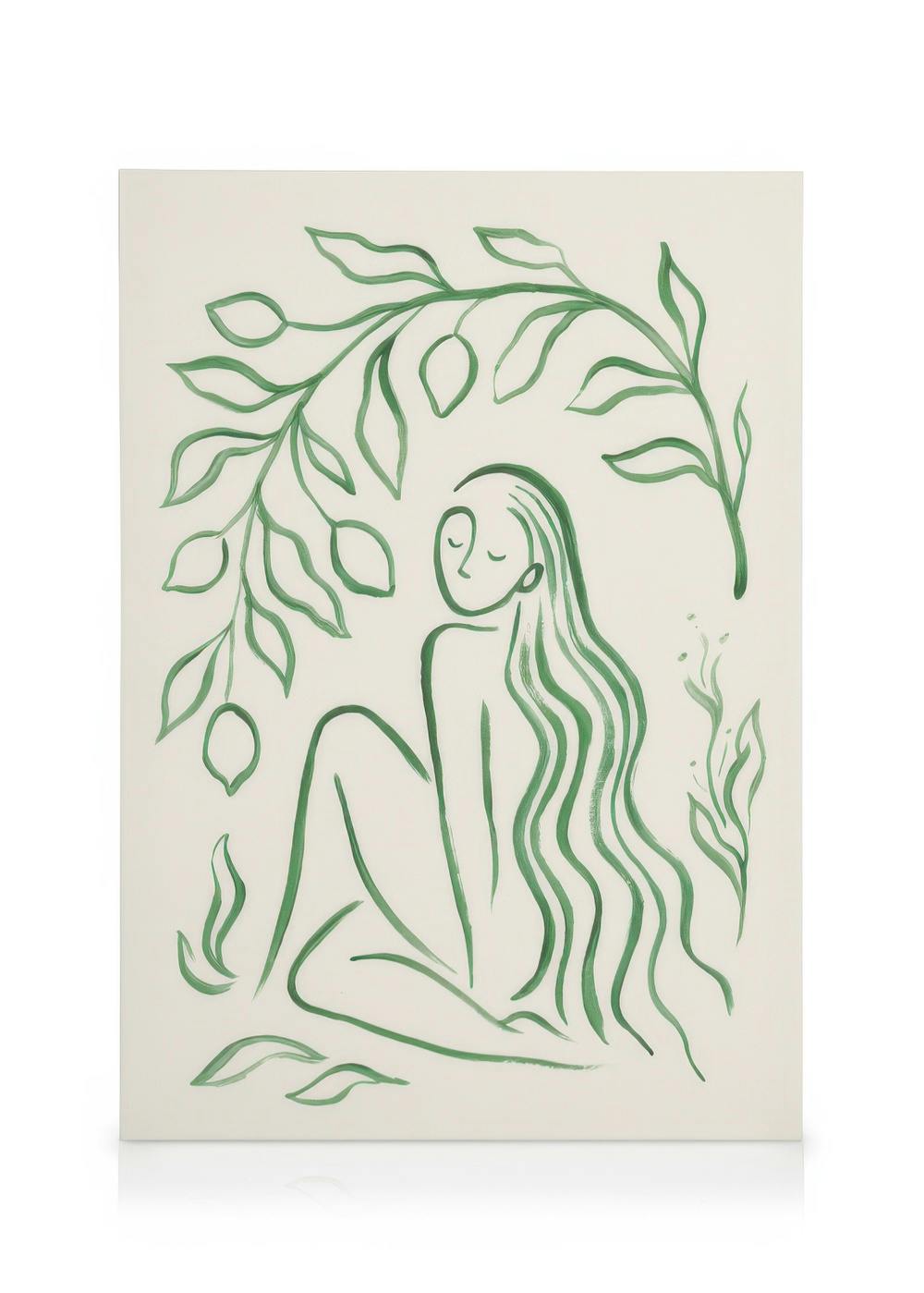 Abstrakte Frau mit langen grünen Haaren unter Zweigen mit Blättern und Früchten, Leinwandbild