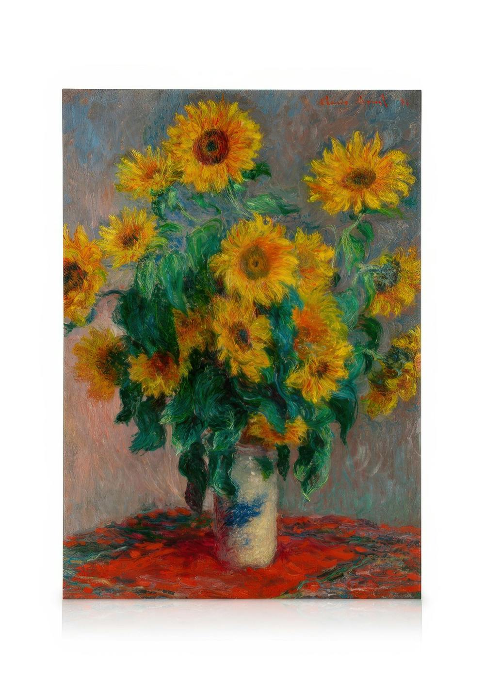 Monets oljemålning föreställande solrosor i vas på rött bord, impressionistisk stil med synliga penseldrag.