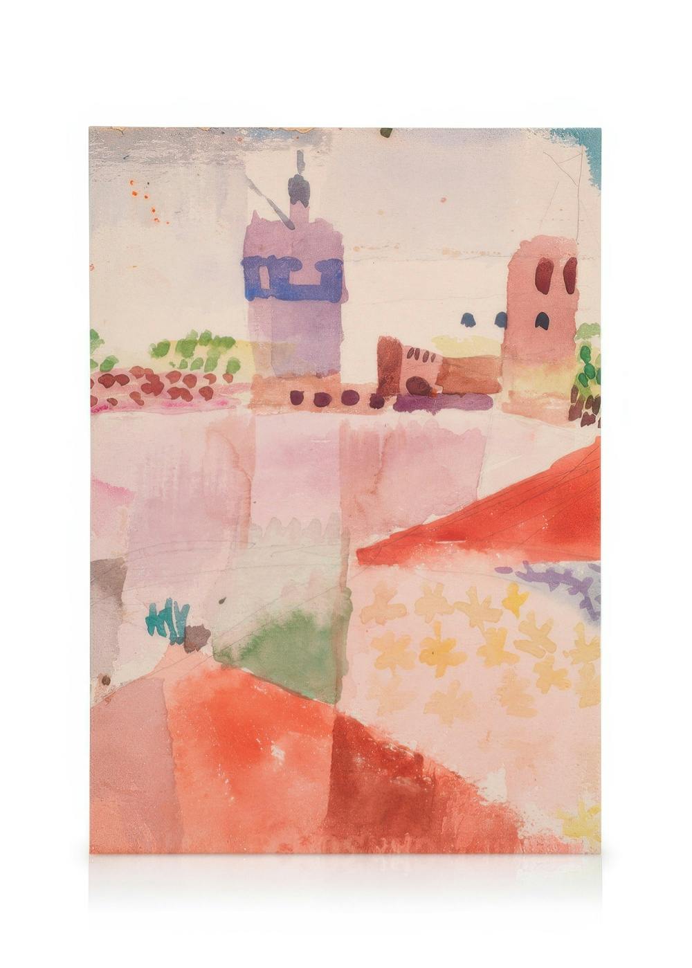 Toile Paul Klee, paysage abstrait fantaisiste avec mosquée, aquarelles pastel et tour violette dominante.