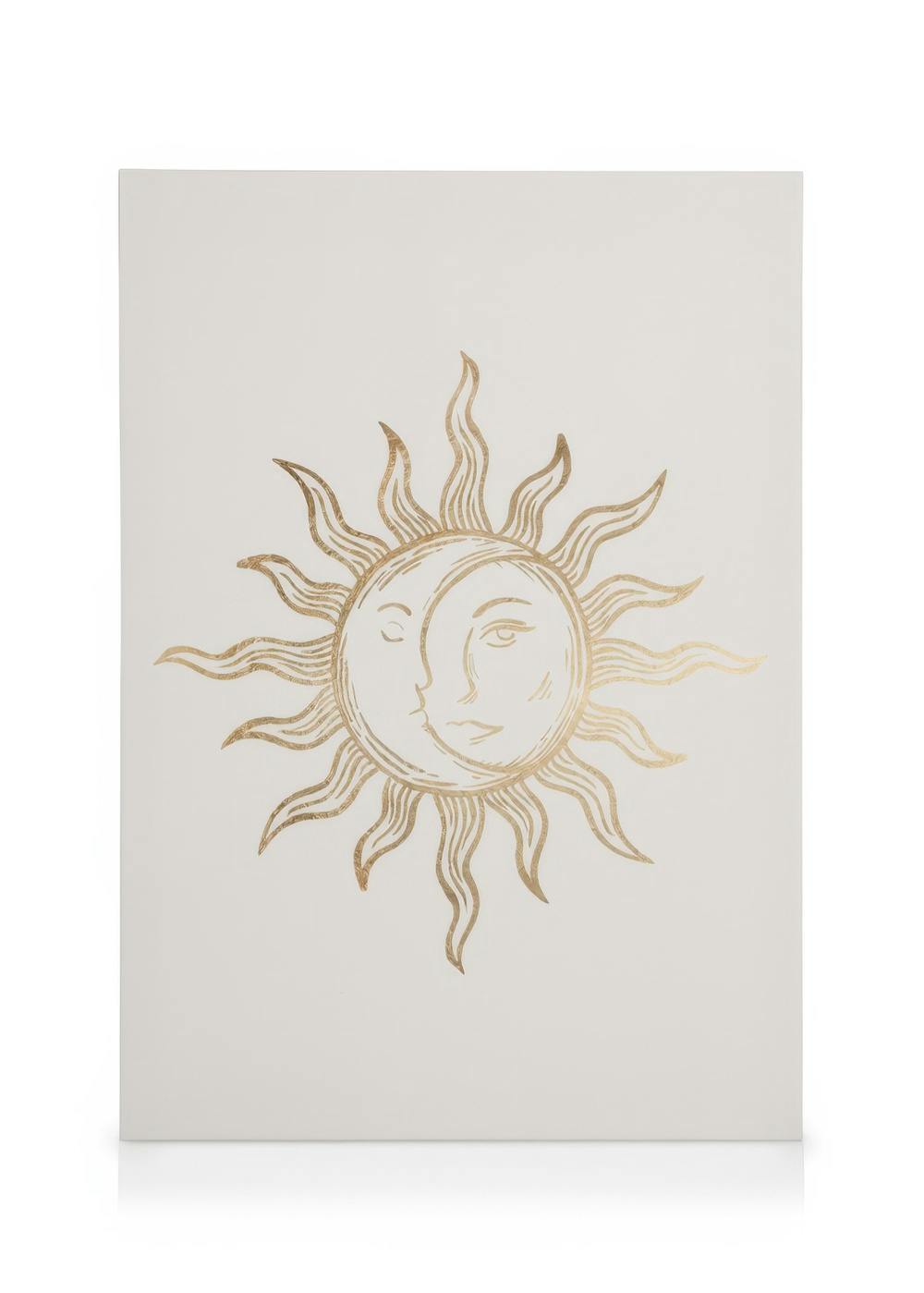 Canvas med guldtryk af Sol og Måne ansigter, himmelsk kunst.