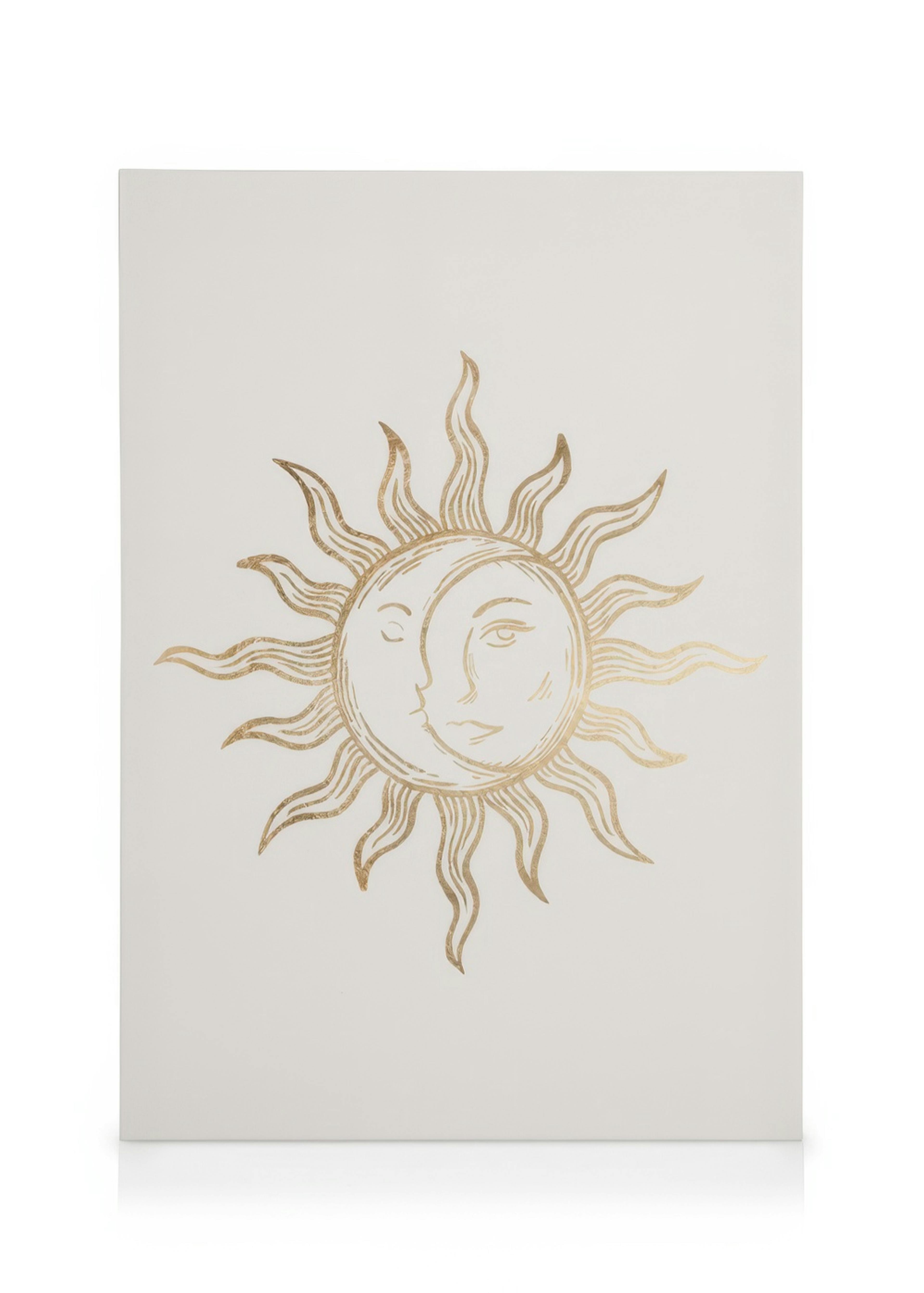 Leinwandbild Solis et Luna mit goldener Sonne und Mondgesicht, mystisches Design, weißer Hintergrund.