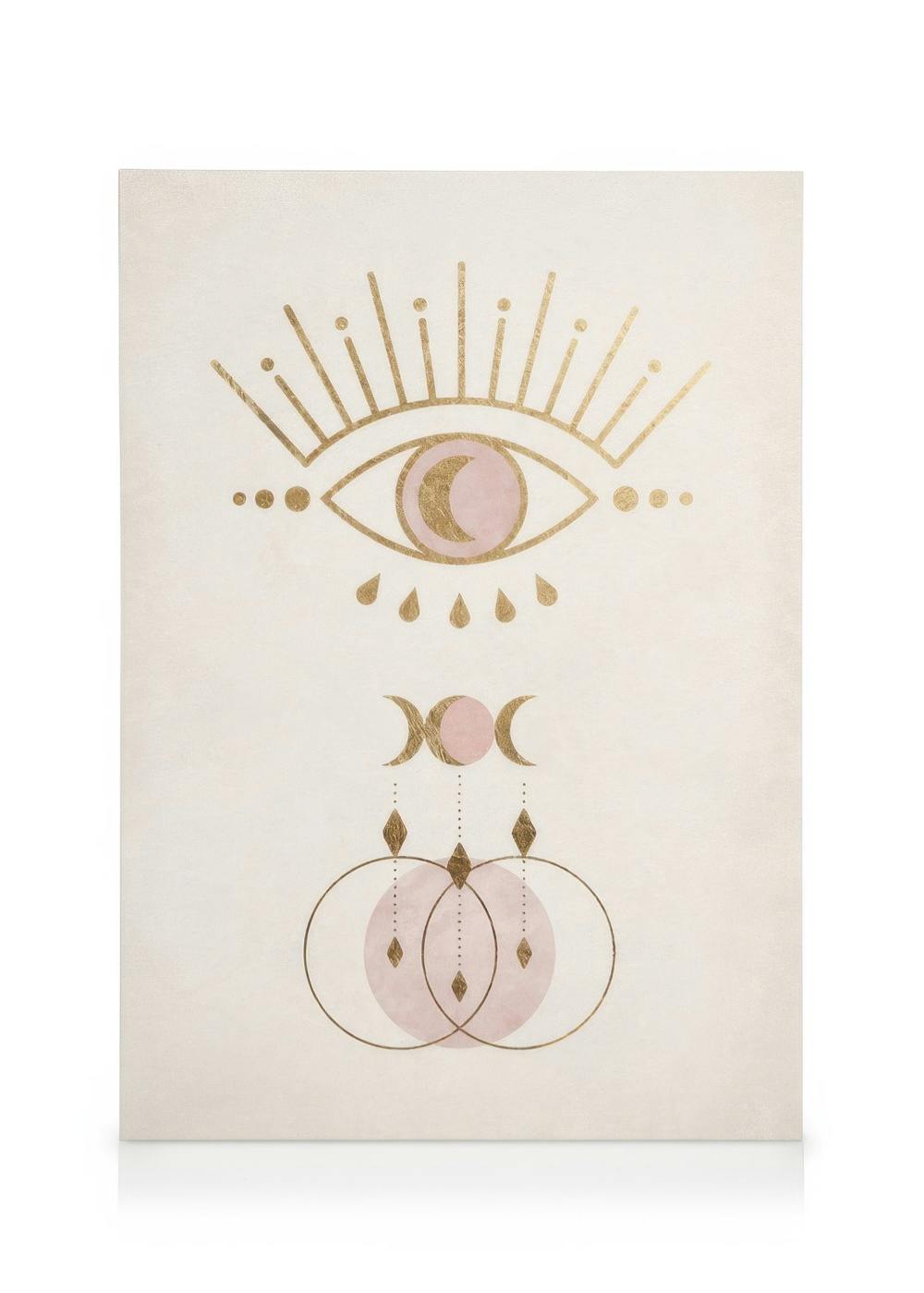 Bohemian canvas art with a gold evil eye and pink crescent moon, celestial elements, and concentric circles.