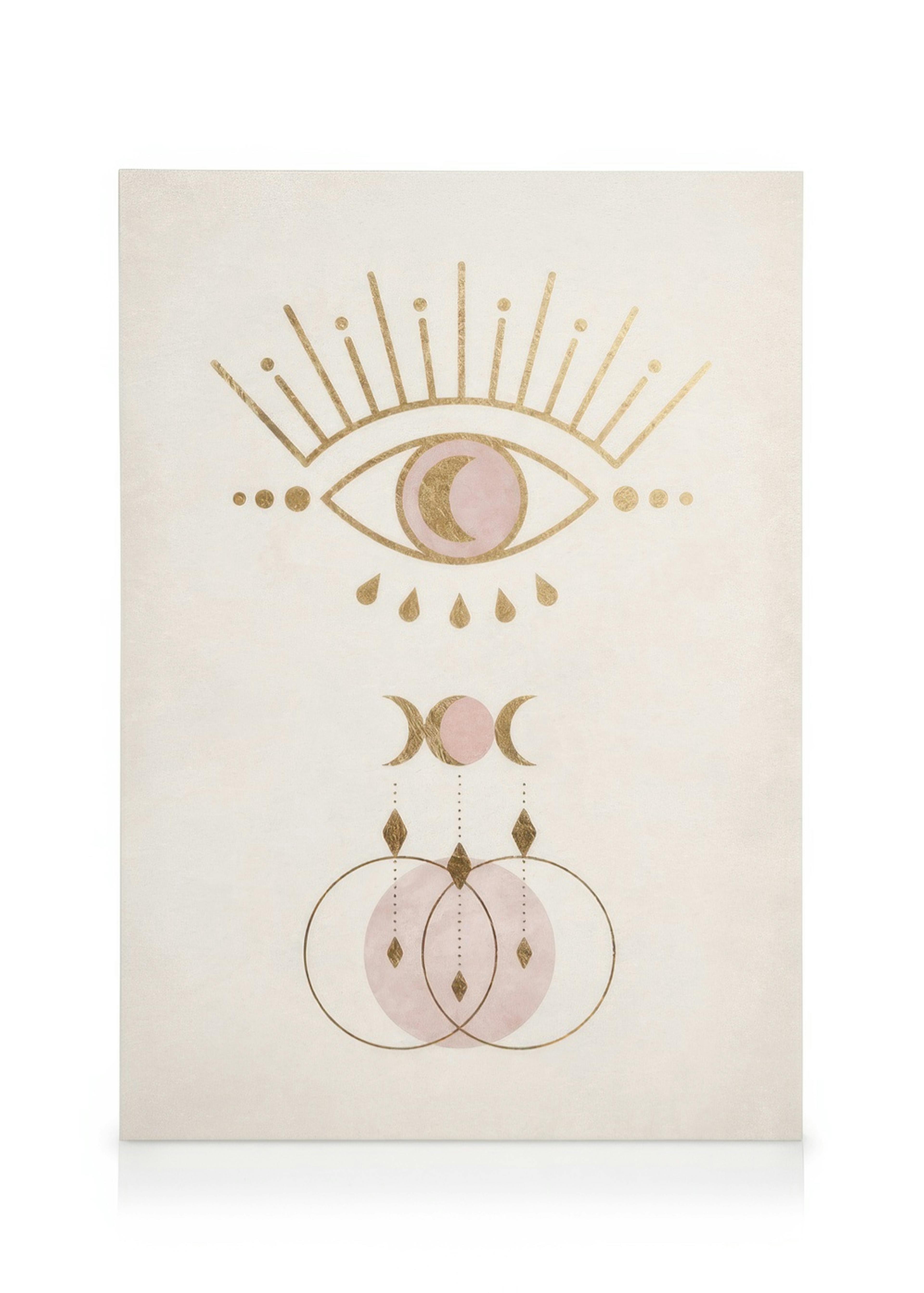 Toile avec œil abstrait rose et or, symboles mystiques, lunes et cercles sur fond crème.