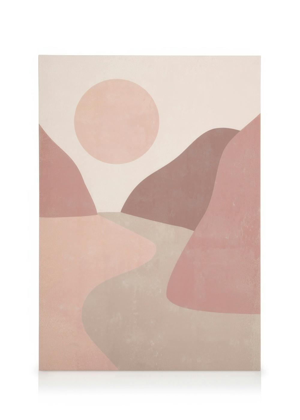 Abstract canvas met roze en bruine heuvels en een gloeiende zon, modern landschap