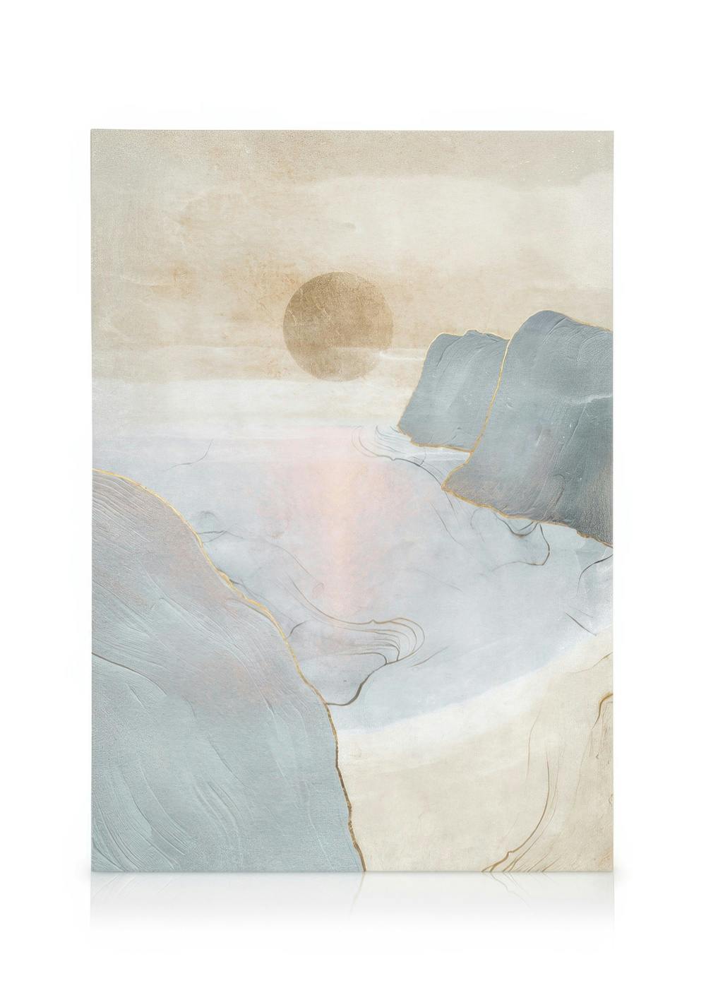 Stampa su tela con forme astratte blu e beige, cerchio marrone che evoca il sole e bagliore rosa. Arte da parete.