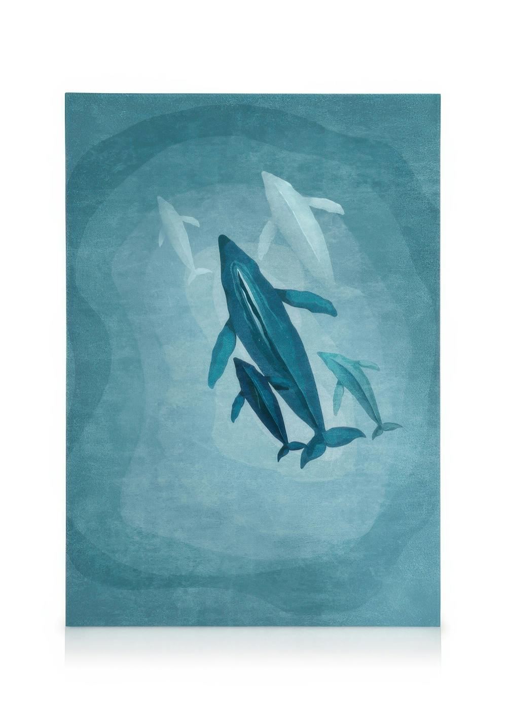 Leinwandbild einer Walfamilie in Blau- und Grüntönen, die im aquamarinfarbenen Ozean schwimmt, mit weichen Farbübergängen.