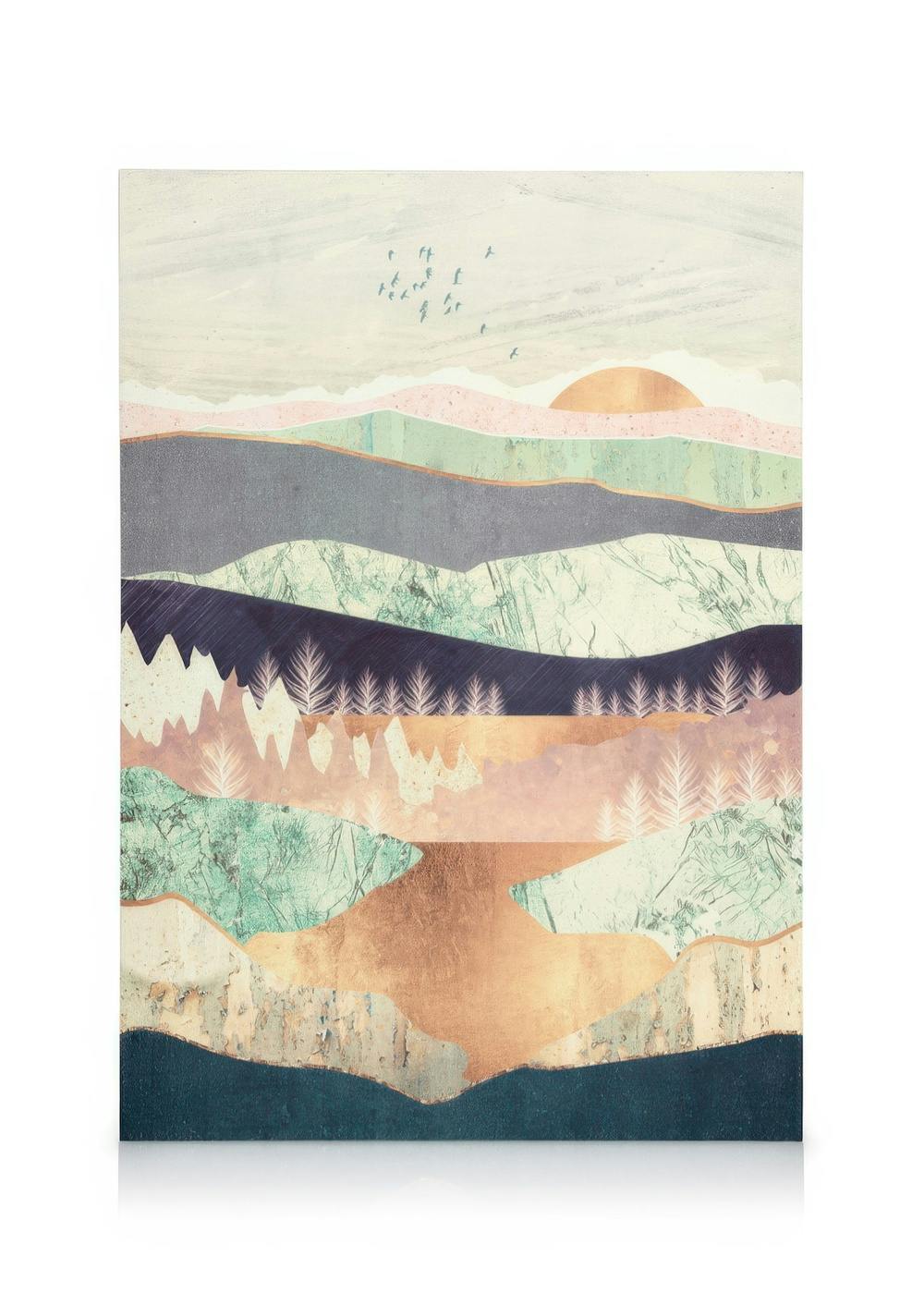 Toile de paysage printanier abstrait aux couleurs atténuées de rose, vert, bleu et marron, avec un coucher de soleil et des oise