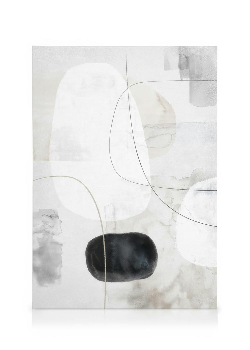 Abstraktný akvarelový obraz na plátne s bielymi, sivými a čiernymi organickými tvarmi a tenkými líniami.