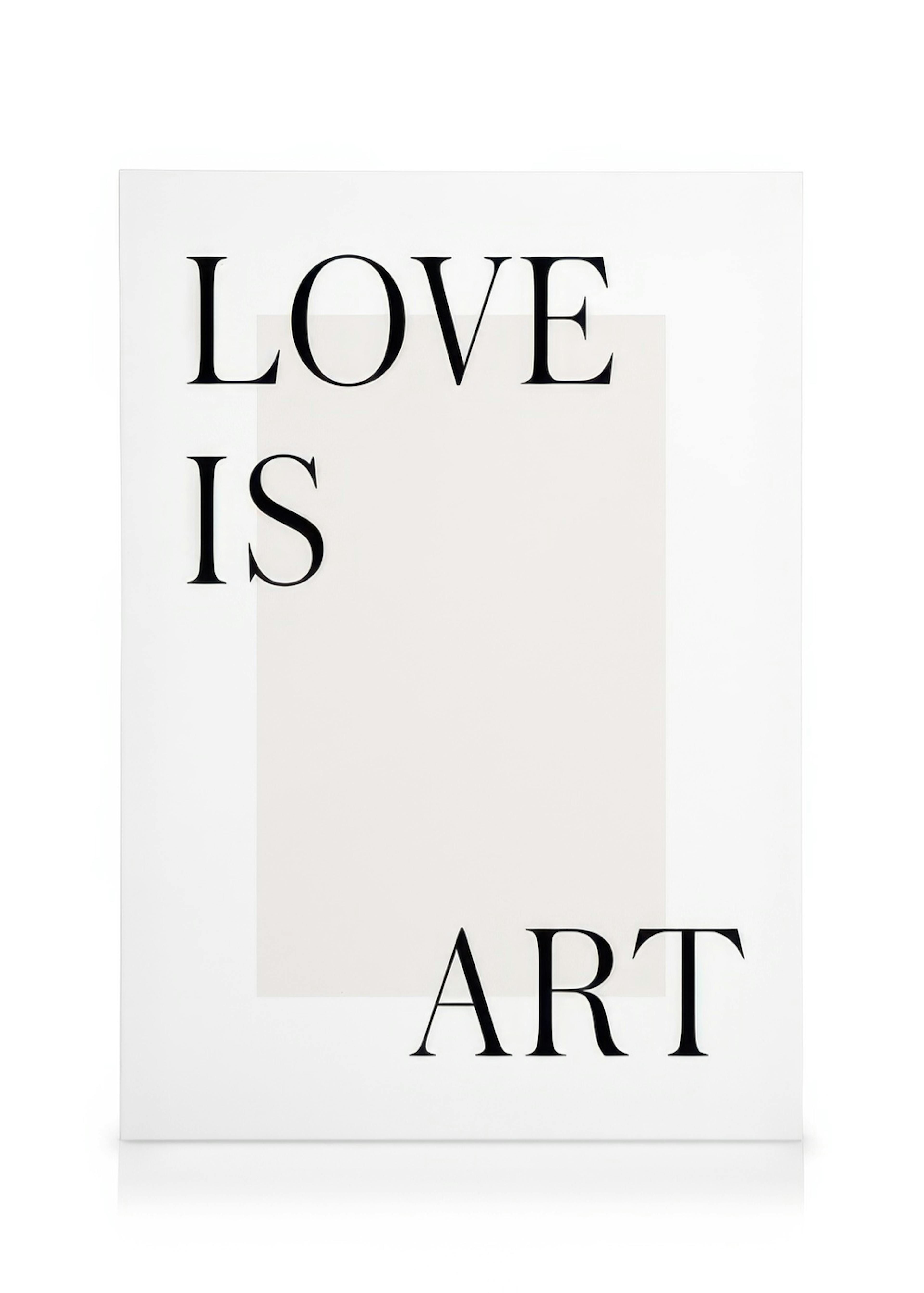 Love is Art canvas print, white background with black text and light grey rectangle