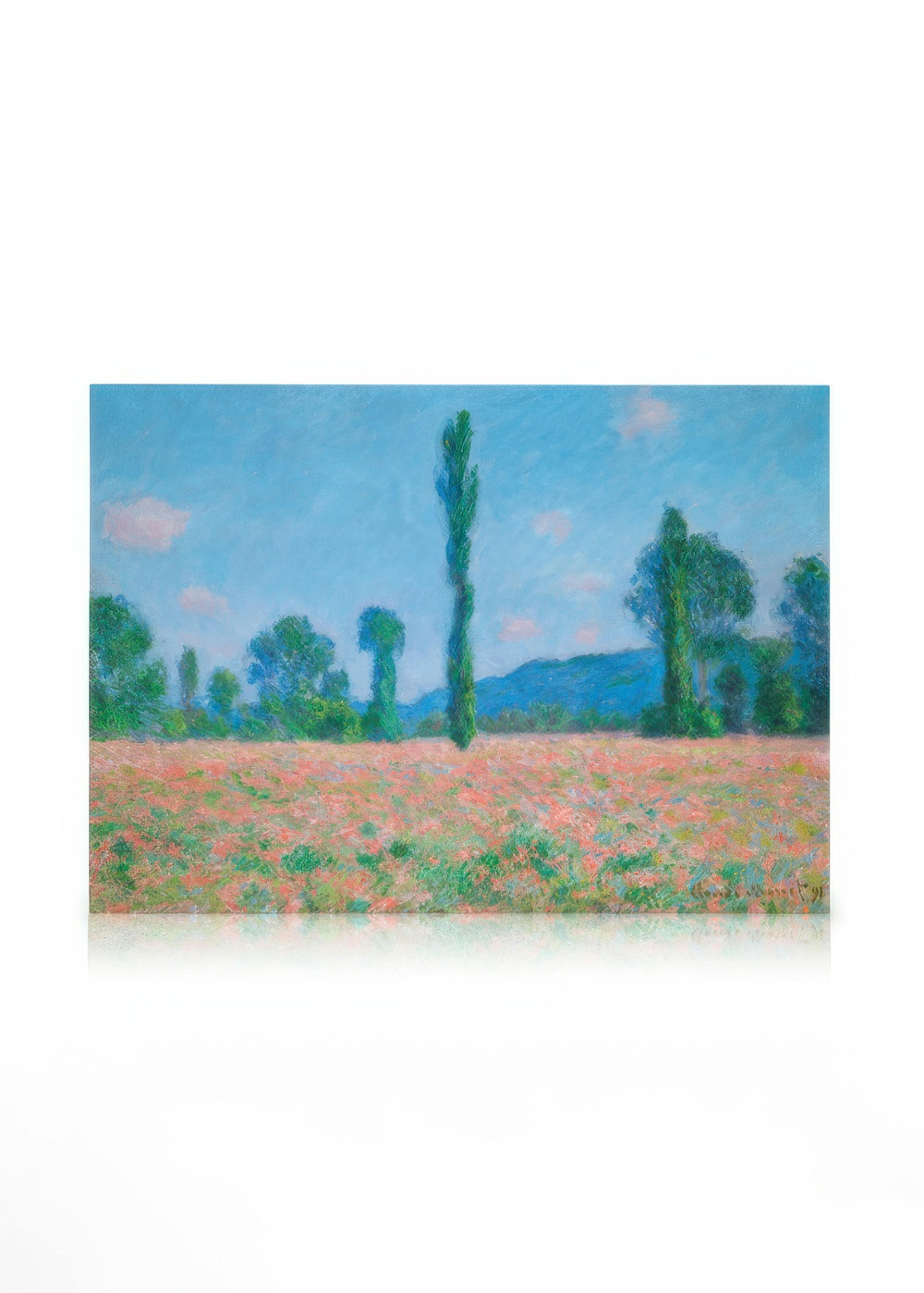 Toile de Monet, Champ de coquelicots à Giverny, peinture texturée avec fleurs roses, arbres et ciel bleu.