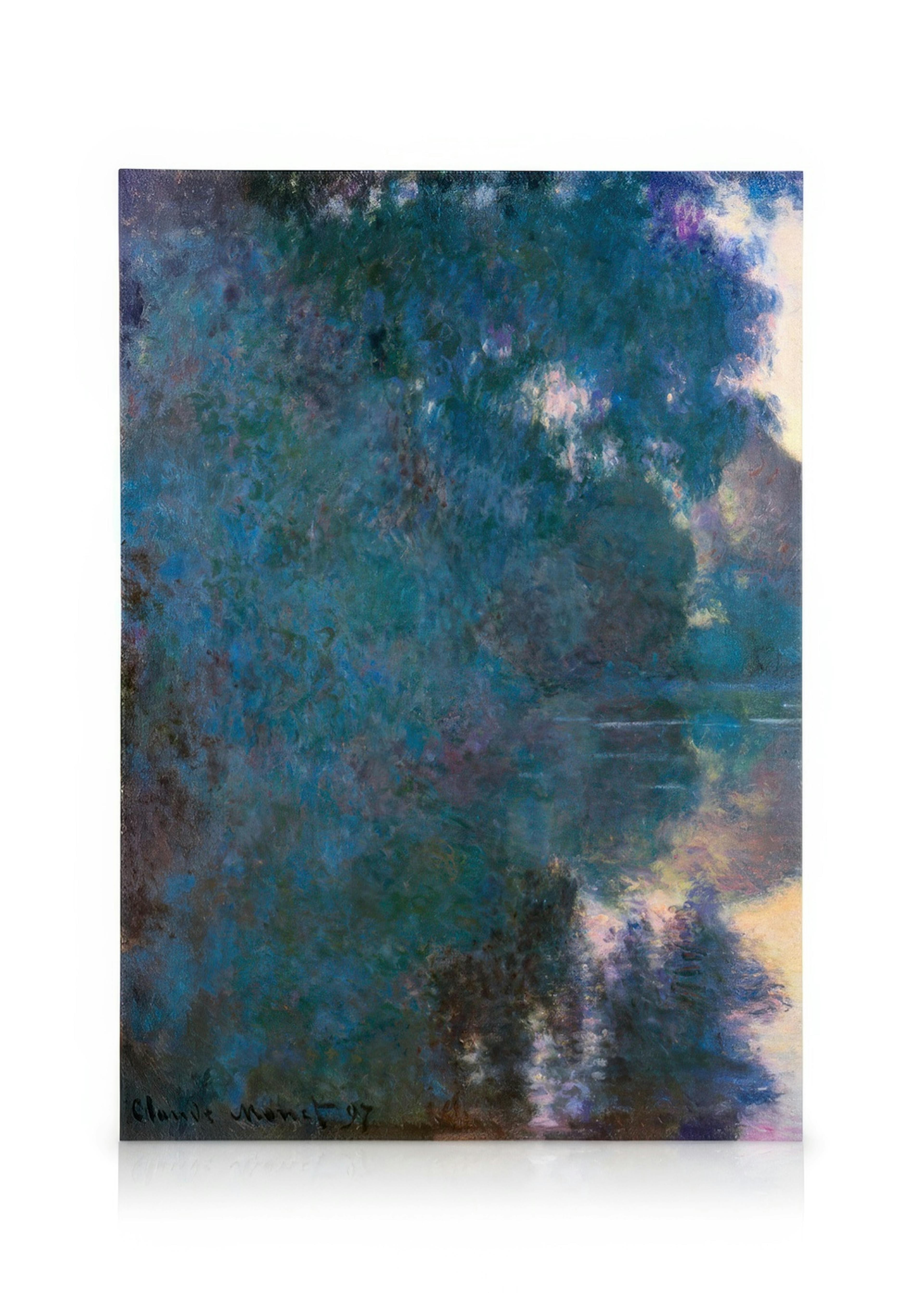 Lienzo de Monet, Morning on the Seine near Giverny. Pintura impresionista de río en tonos azules y púrpuras, reflejos borrosos d