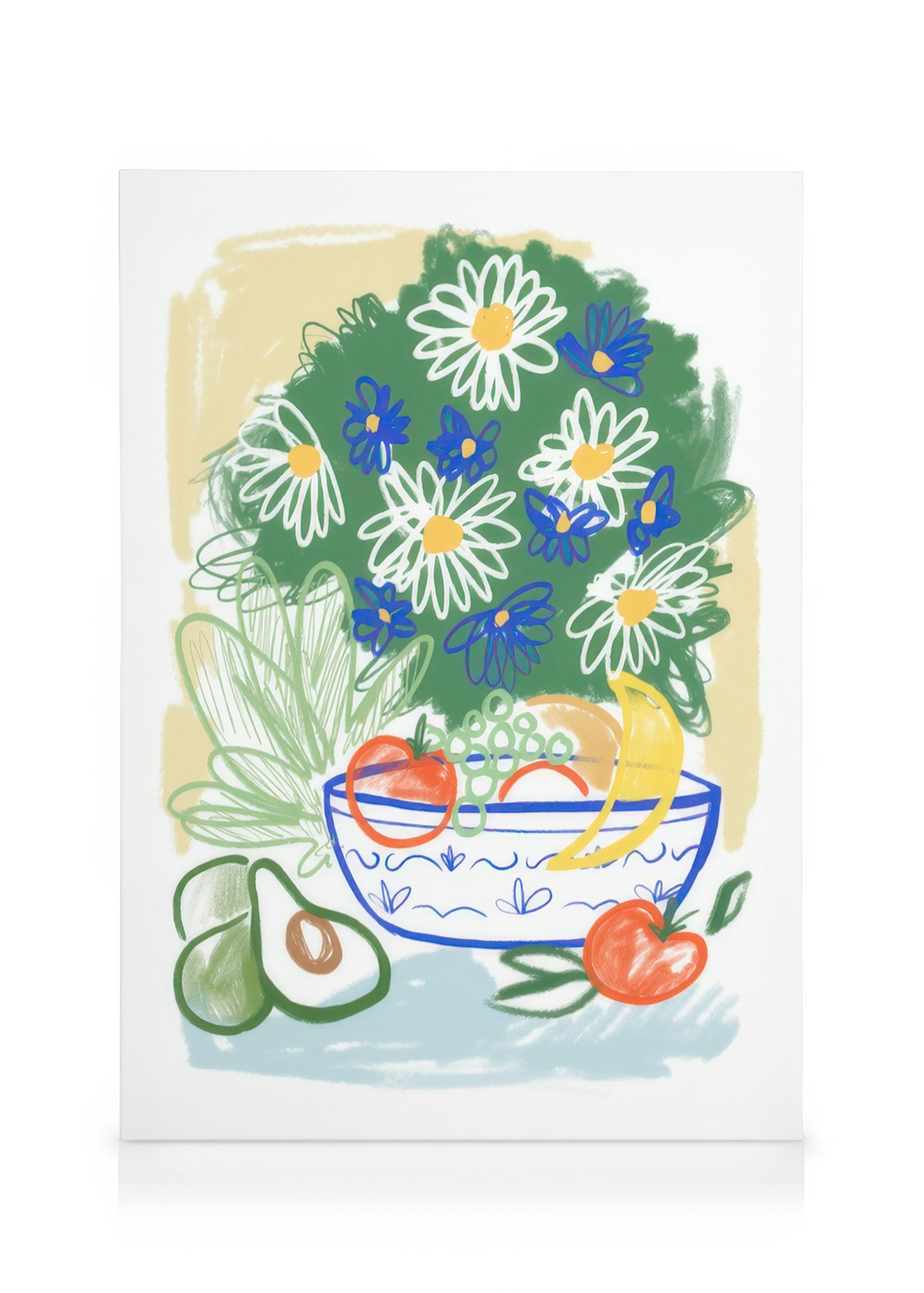 Colourful canvas print with a fruit basket surrounded by white daisies and blue flowers, vibrant kitchen decor.