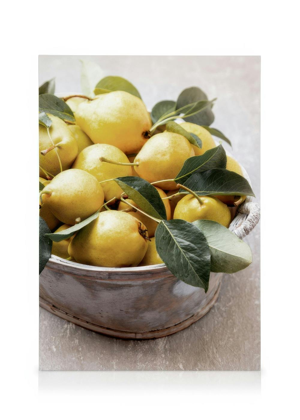 Still life art of yellow pears with green leaves in a rustic wooden bowl, fruit canvas print.