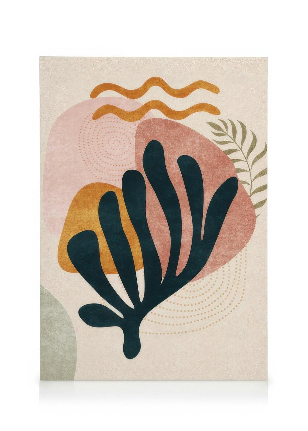 Abstract canvas print with dark leaf-like shape, peach and orange forms, and subtle patterns on a beige background.