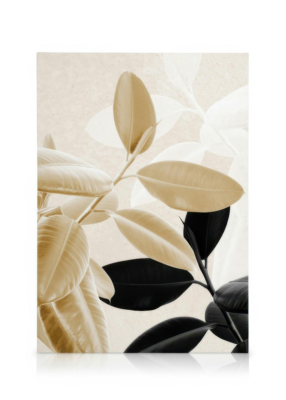 Stampa su tela con foglie stratificate beige e nere su sfondo beige, creando un contrasto chiaro-scuro.