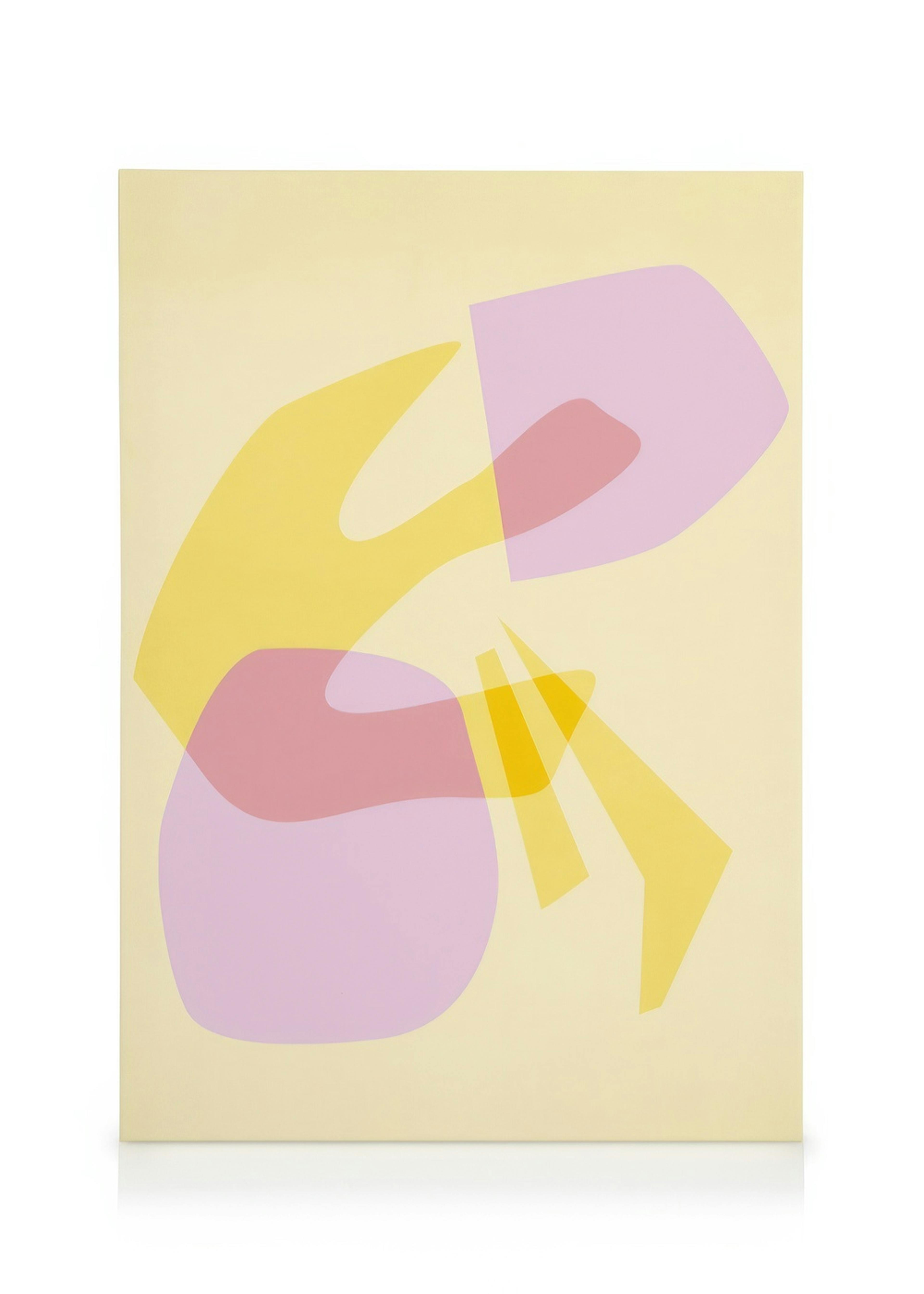 Abstract collage art with overlapping yellow, pink, and purple soft shapes on a light yellow canvas print.