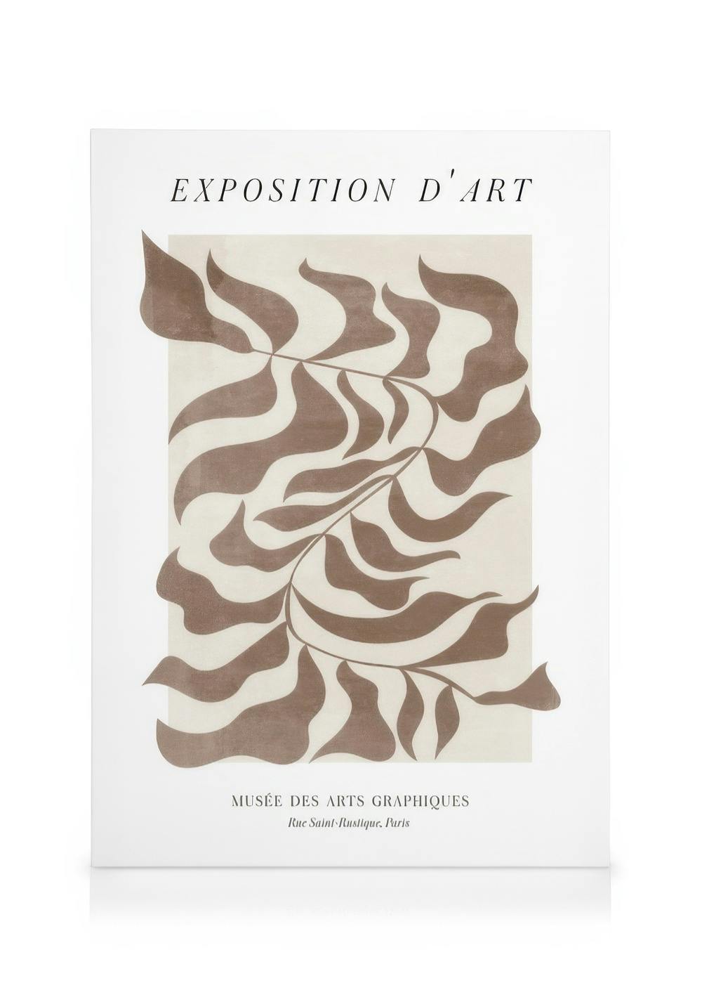Graphic art canvas print with flowing brown leaf patterns on a light background, featuring text Exposition DArt