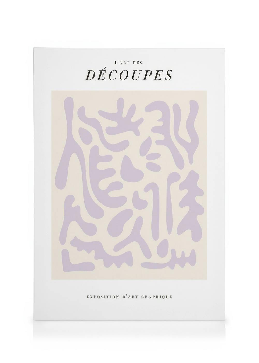 Découpes No1 canvas features light purple organic shapes on a cream background, resembling paper cutouts in an abstract art styl