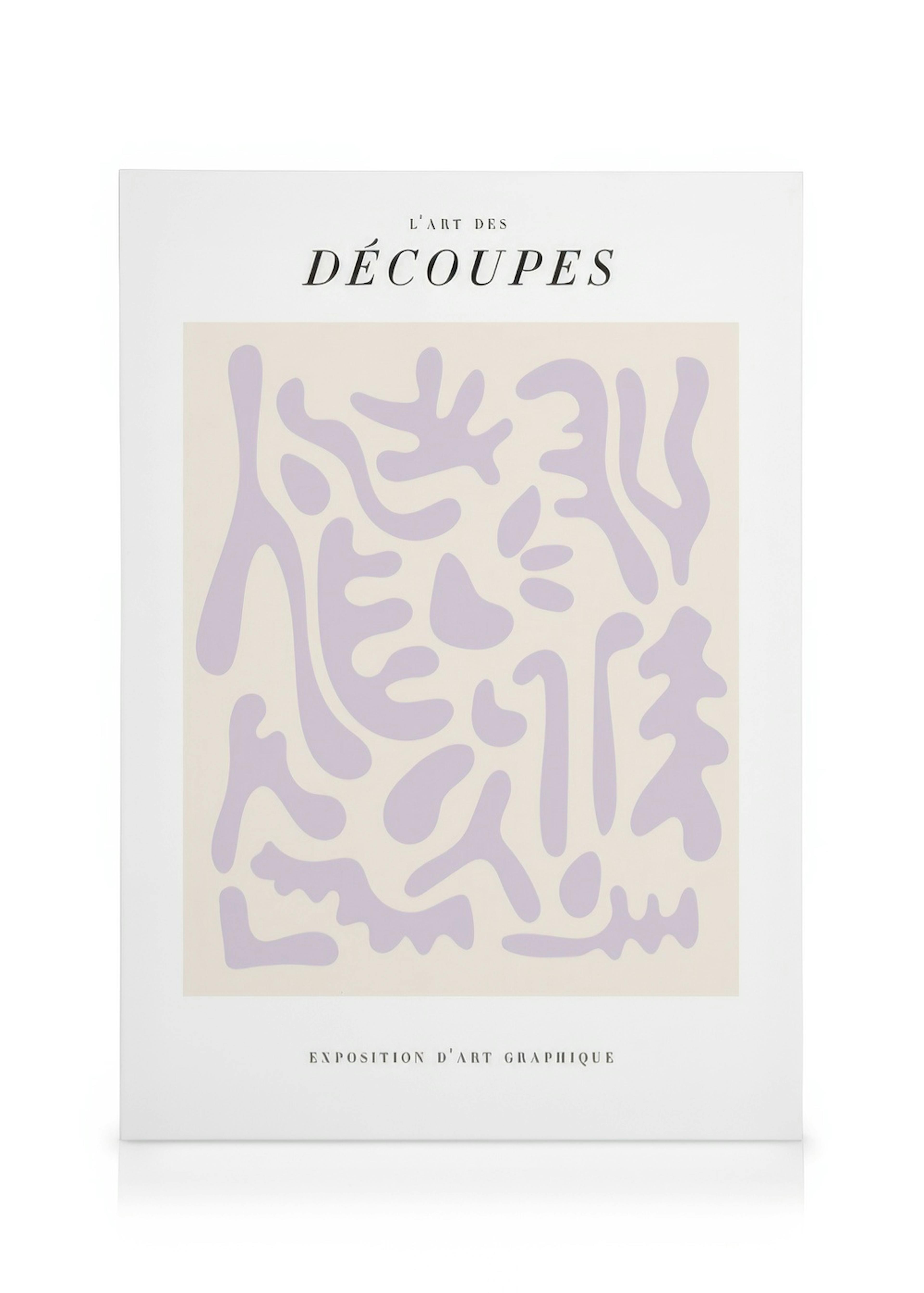 Abstract canvas print with purple organic shapes on a light background, featuring French words for a graphic art look.