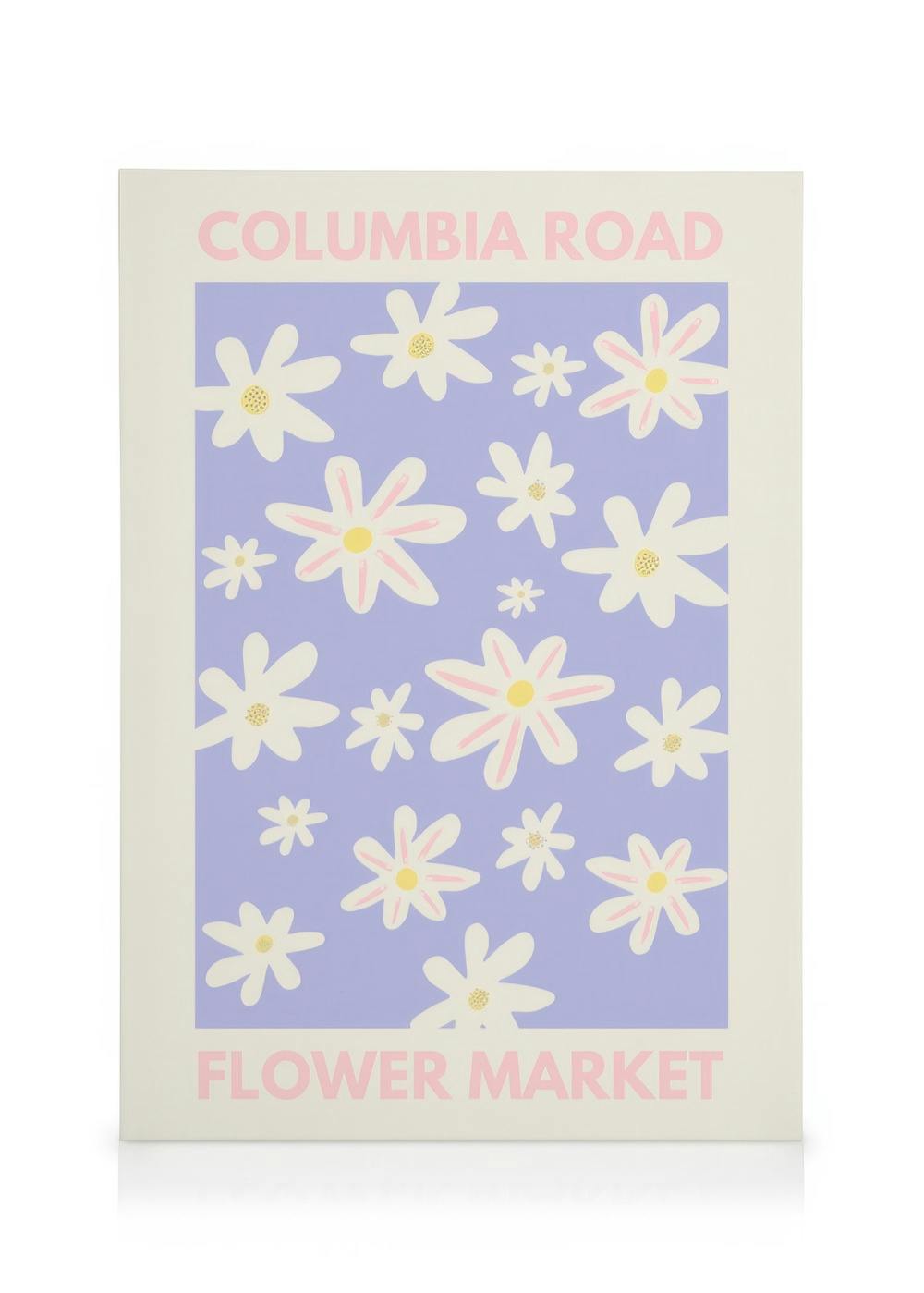 Columbia Road Flower Market canvas print with white and pink daisies on purple, bold text.