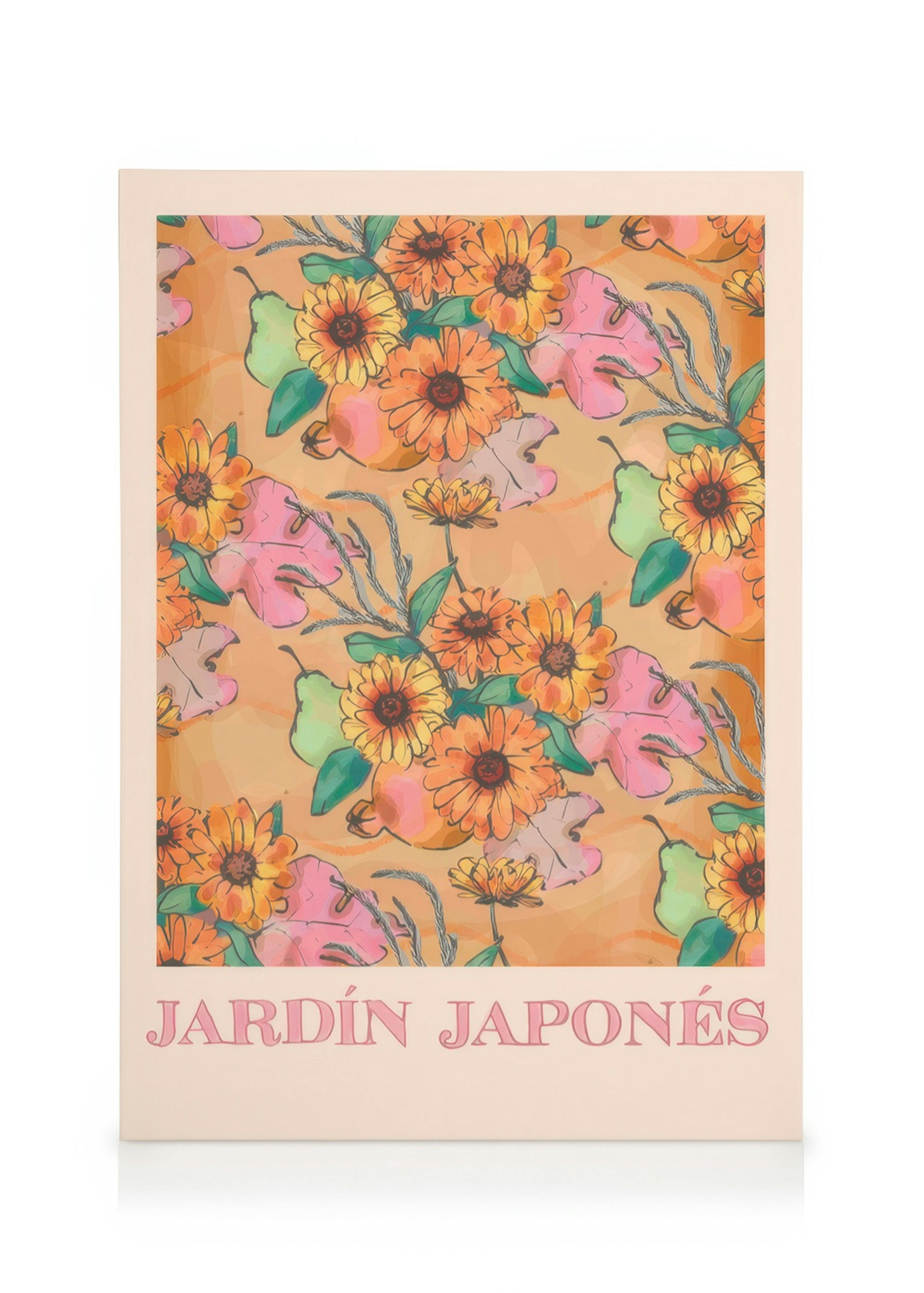 Canvas met oranje en roze bloemenpatroon op een lichtbeige achtergrond, tekst Jardín Japones onderaan.