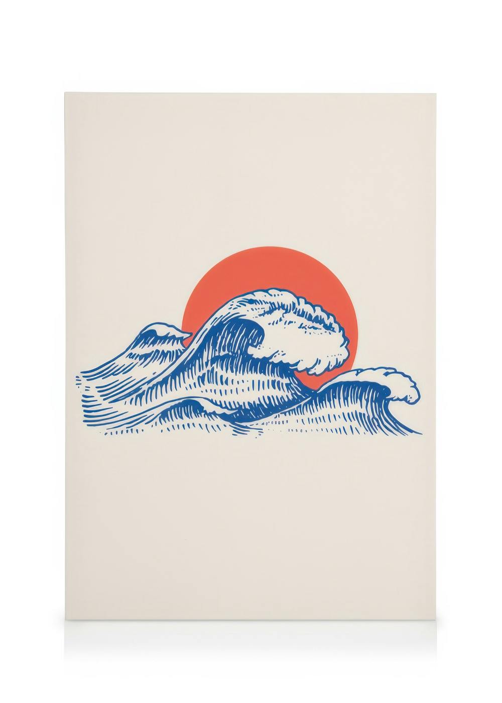 Minimalist canvas print with overlapping red circle and blue wave lines on a light beige background.