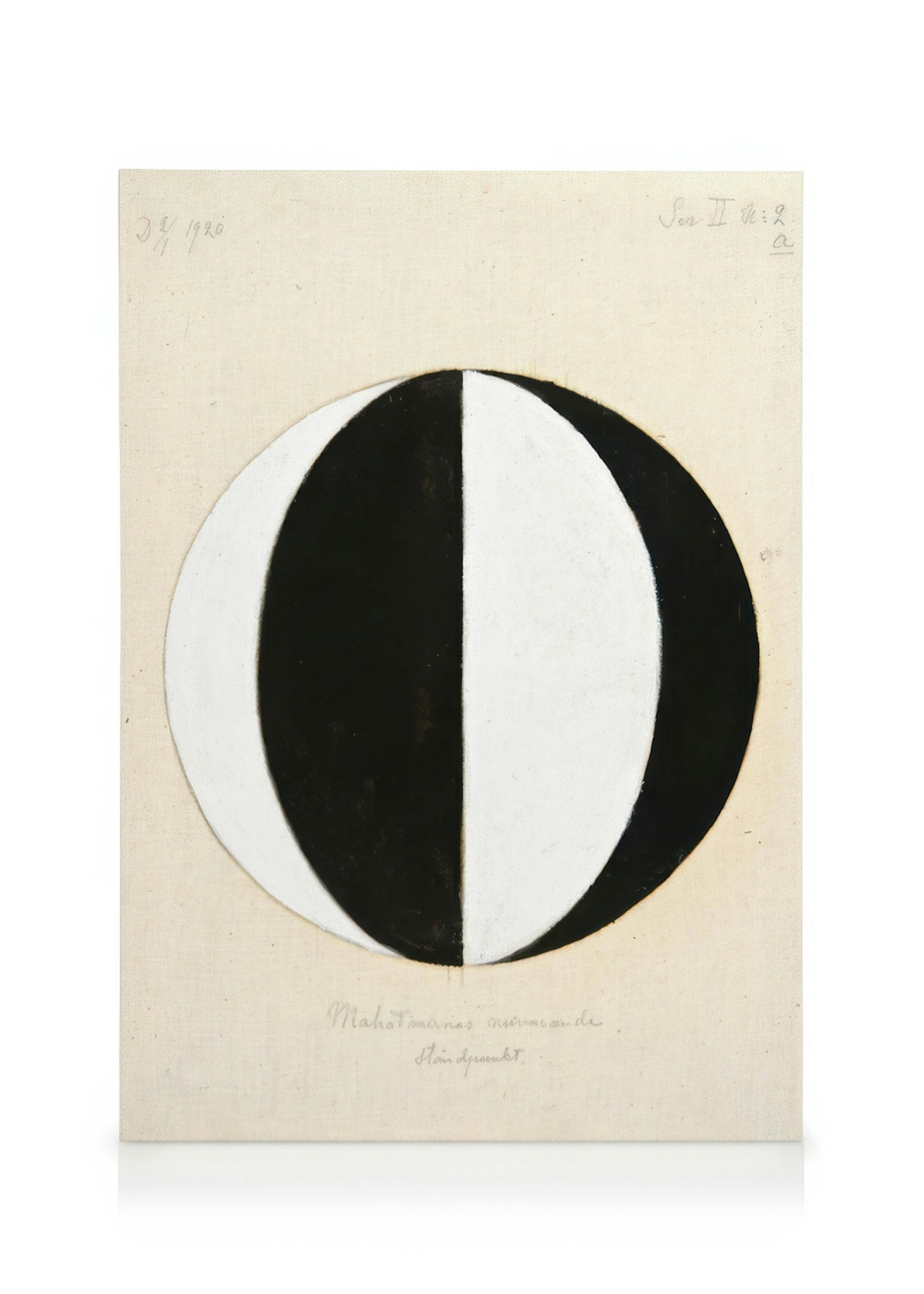 Canvas print of a black and white circle with text on a beige background, by Hilma Af Klint.