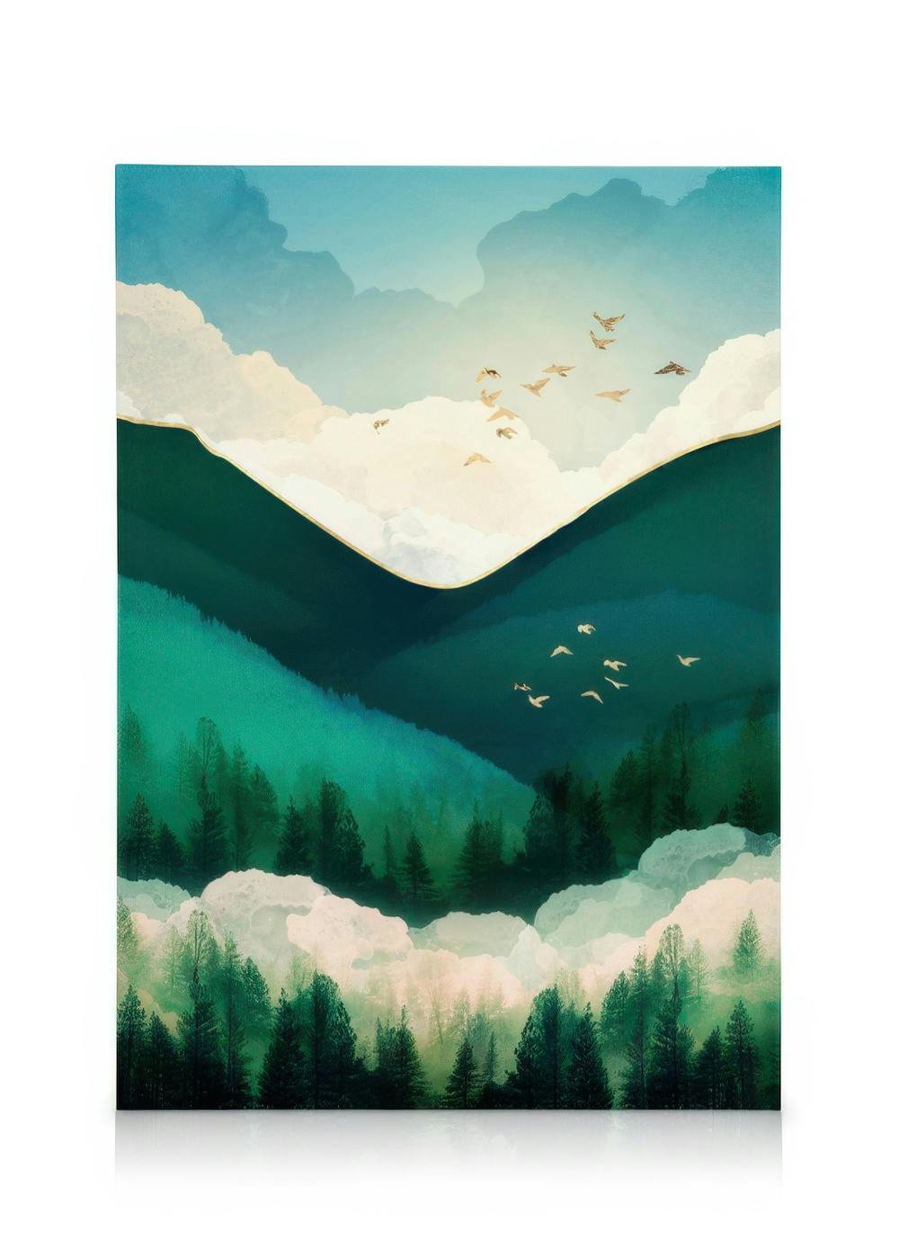 Obraz na plátne s vrstvenými zelenými kopcami, lesmi a bielymi mrakmi. Vtáky letia po oblohe.