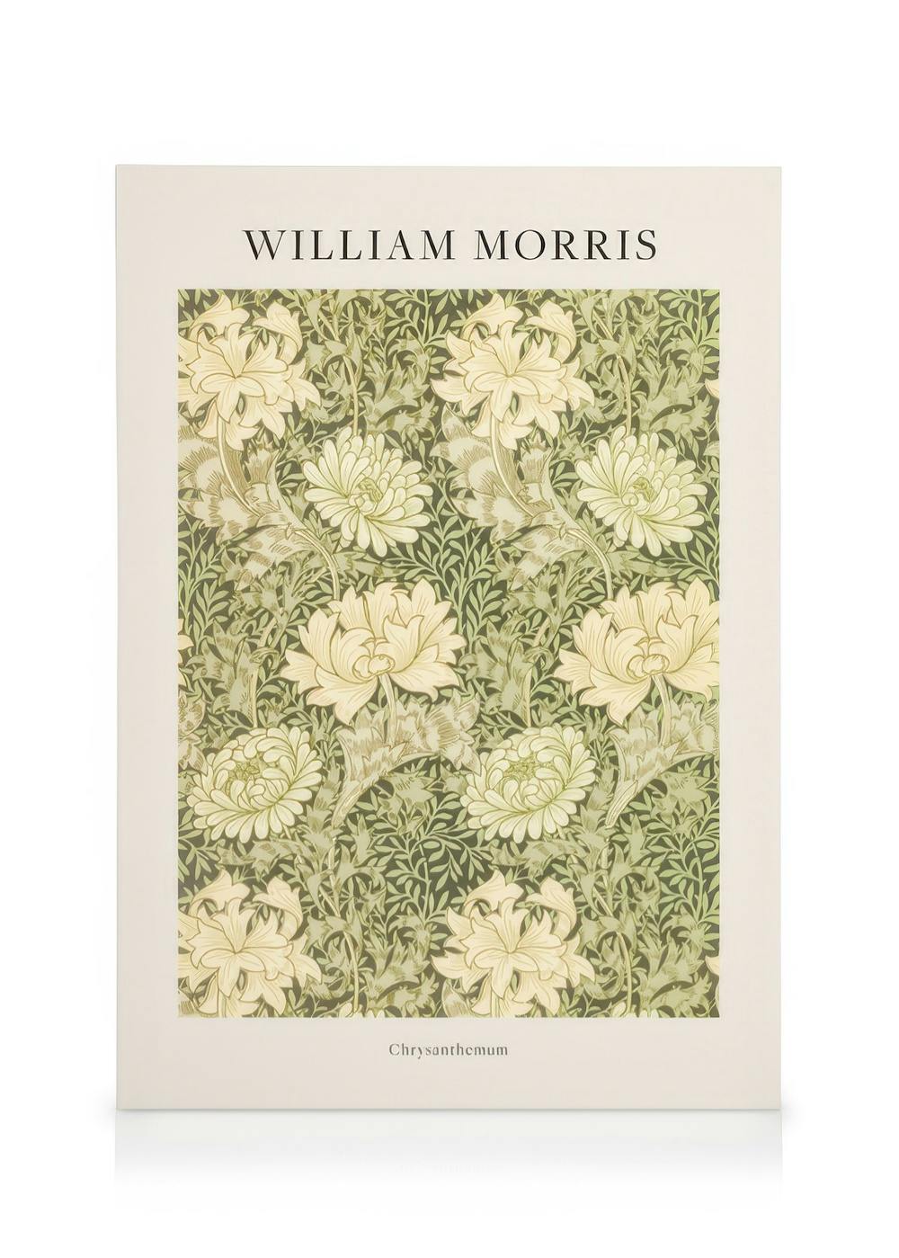 Toile William Morris avec motif de chrysanthèmes crème et de feuilles vertes sur fond sombre, style floral