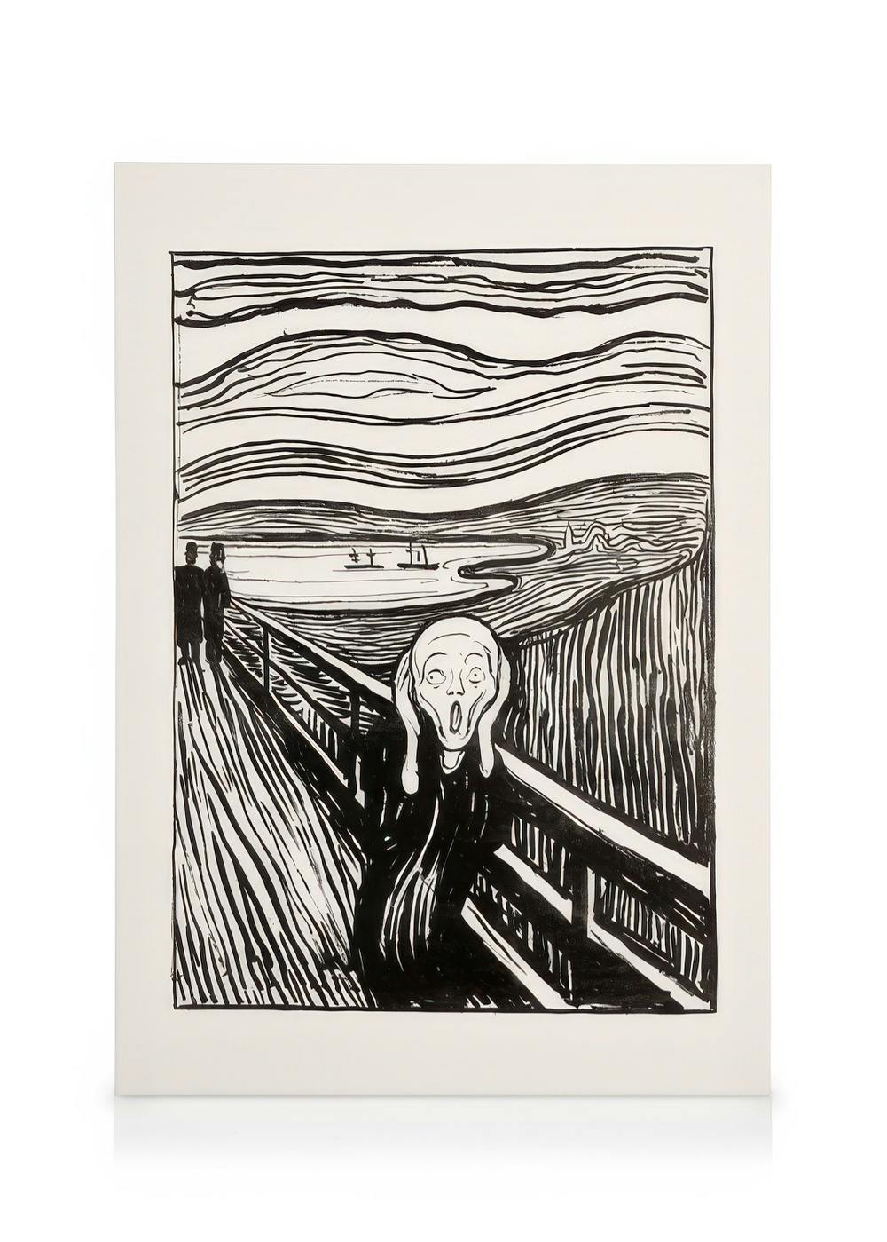 Edvard Munchs Der Schrei Leinwandbild, schwarz-weißer Holzschnitt mit erschrockener Figur auf Brücke, expressive Kunst.