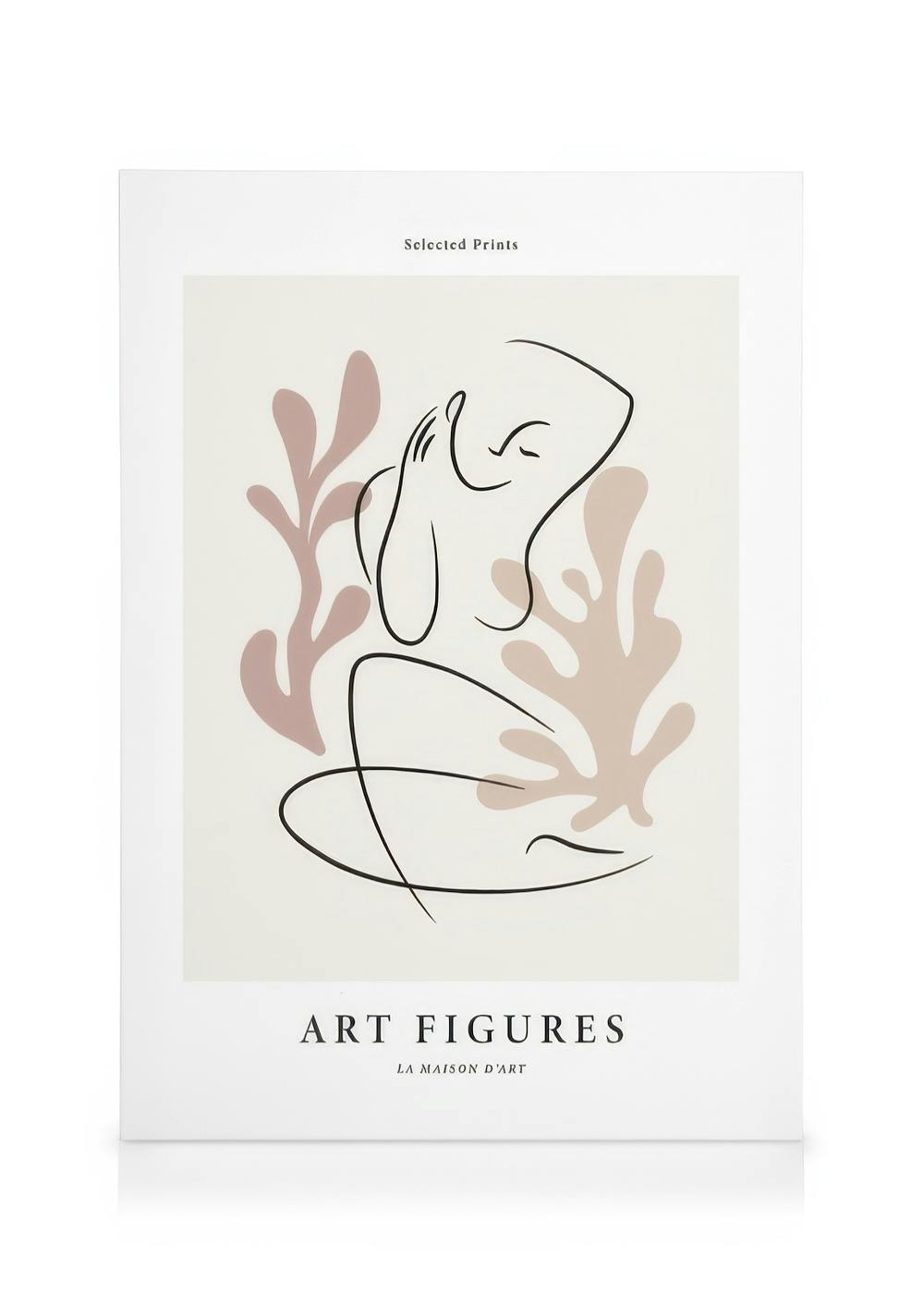 Abstract art canvas print with a stylized nude figure in black line art against a beige and pink botanical background.