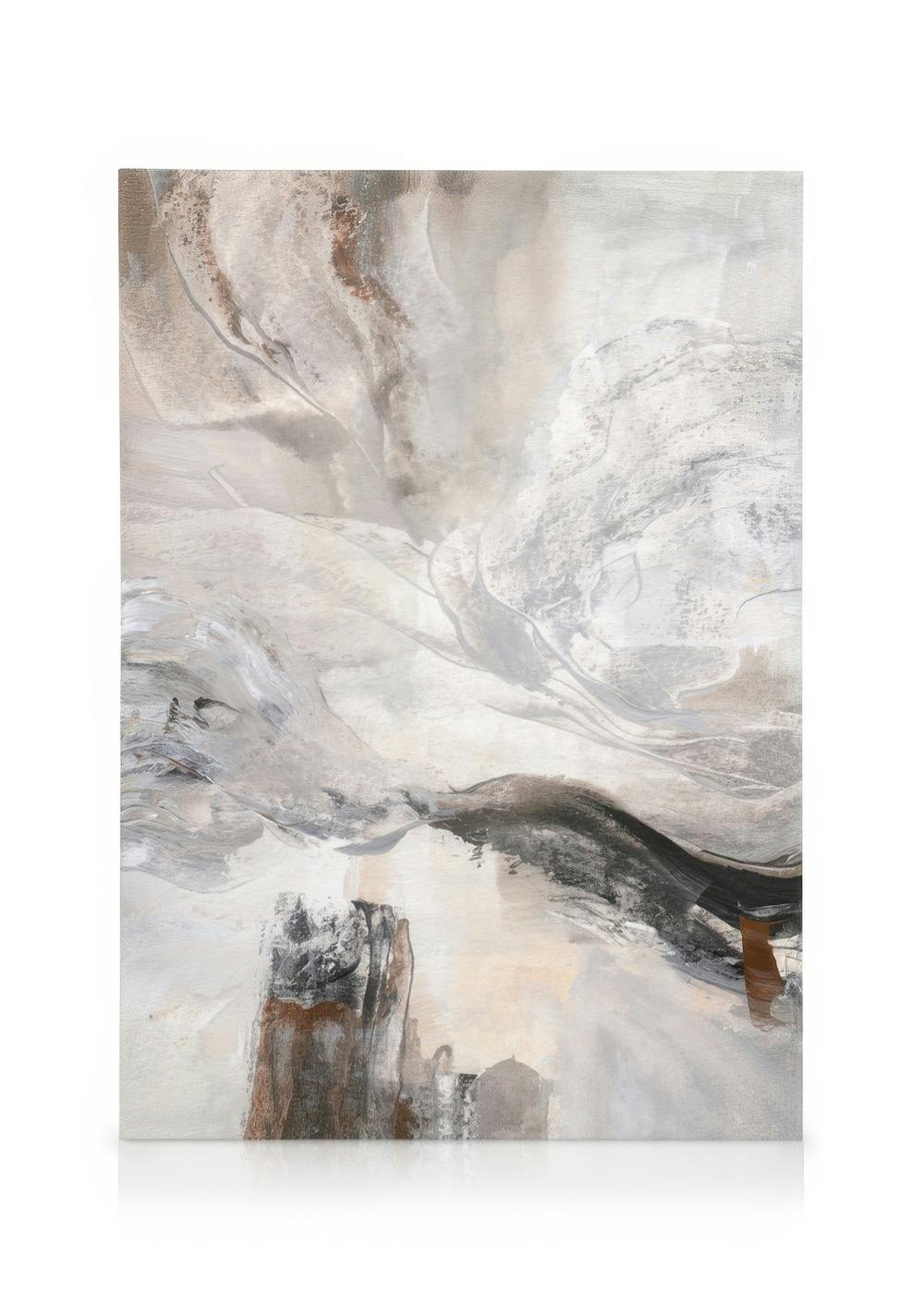 Abstract canvas art with fluid grey, black, and brown strokes, creating an organic, flowing design.
