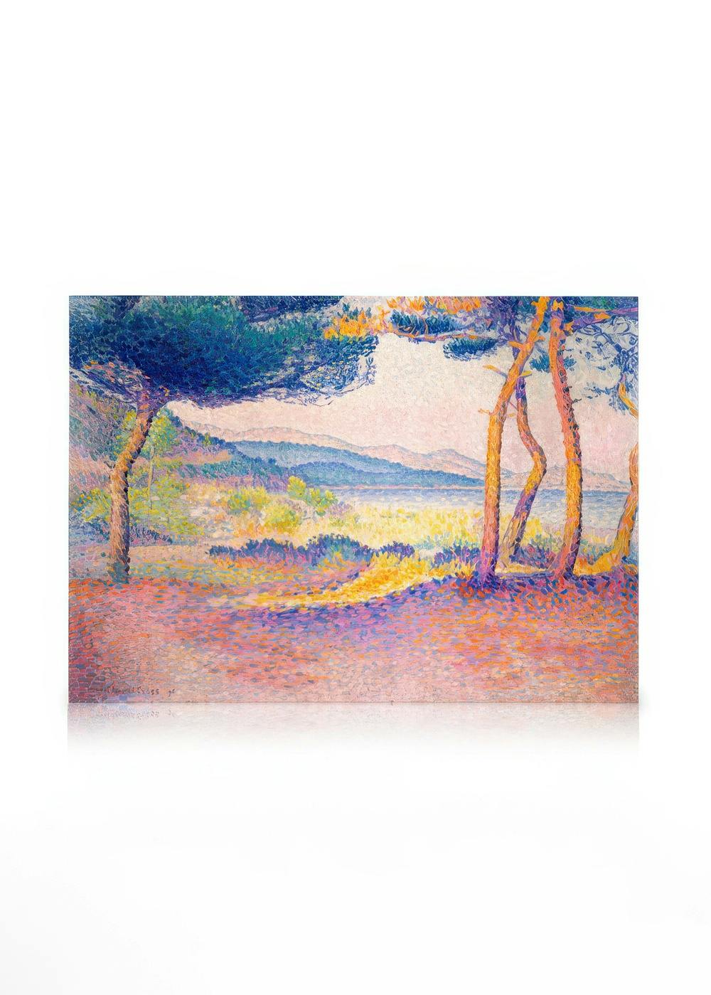 Pointillistisches Gemälde von Pinien am Ufer mit blauen Bergen und See im Hintergrund, Henri-Edmond Cross