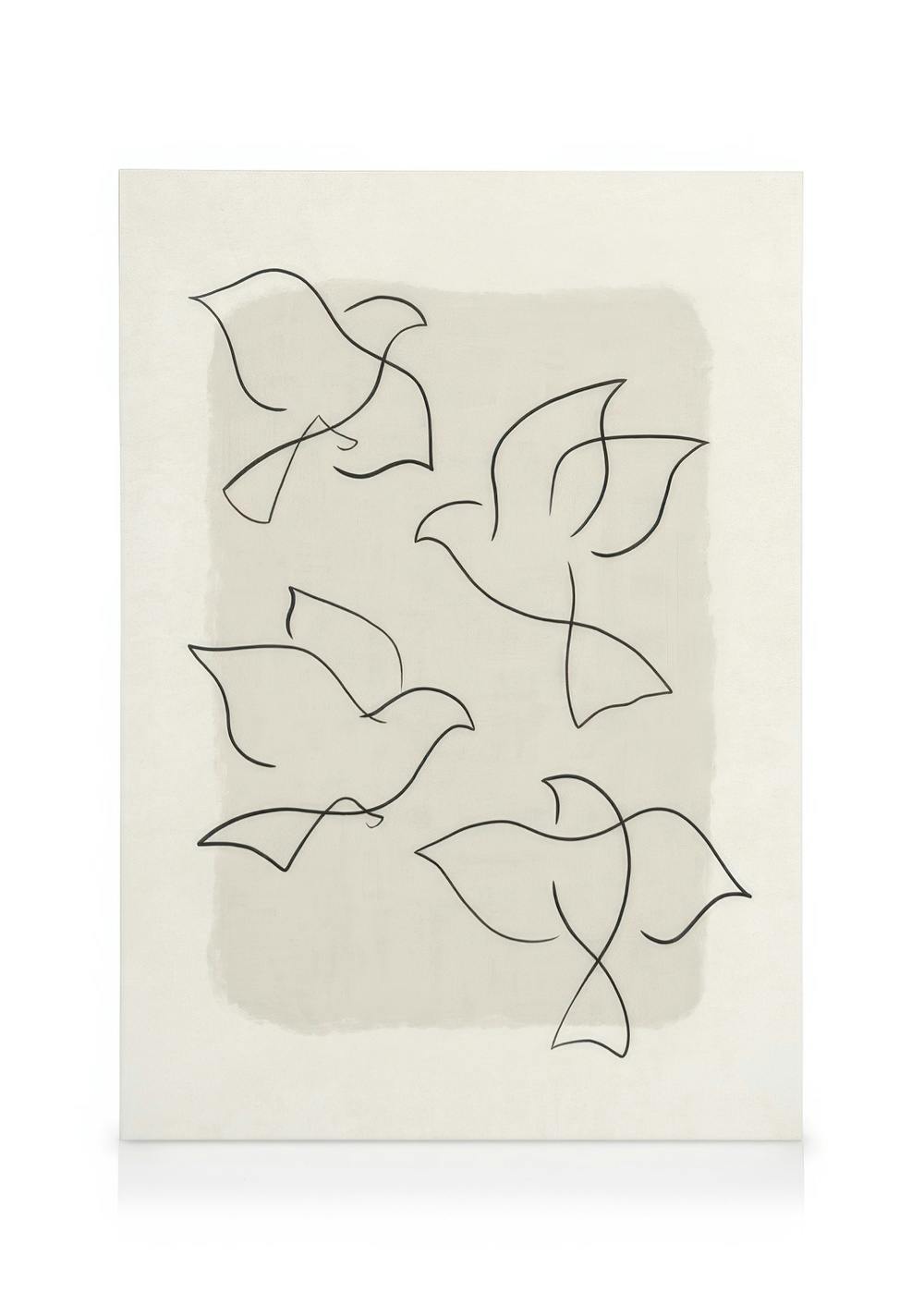 Lienzo de arte lineal con cinco pájaros negros volando sobre un fondo crema con un rectángulo gris texturizado. Arte mural minim