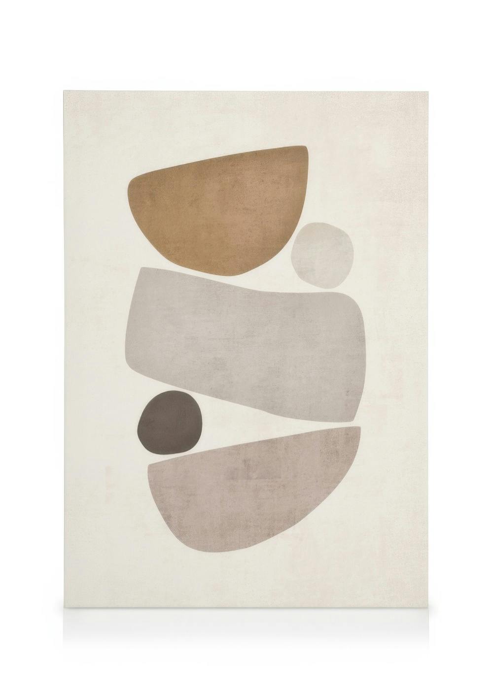 Harmonic canvas print with stacked beige, grey, and brown abstract shapes on a light textured background.