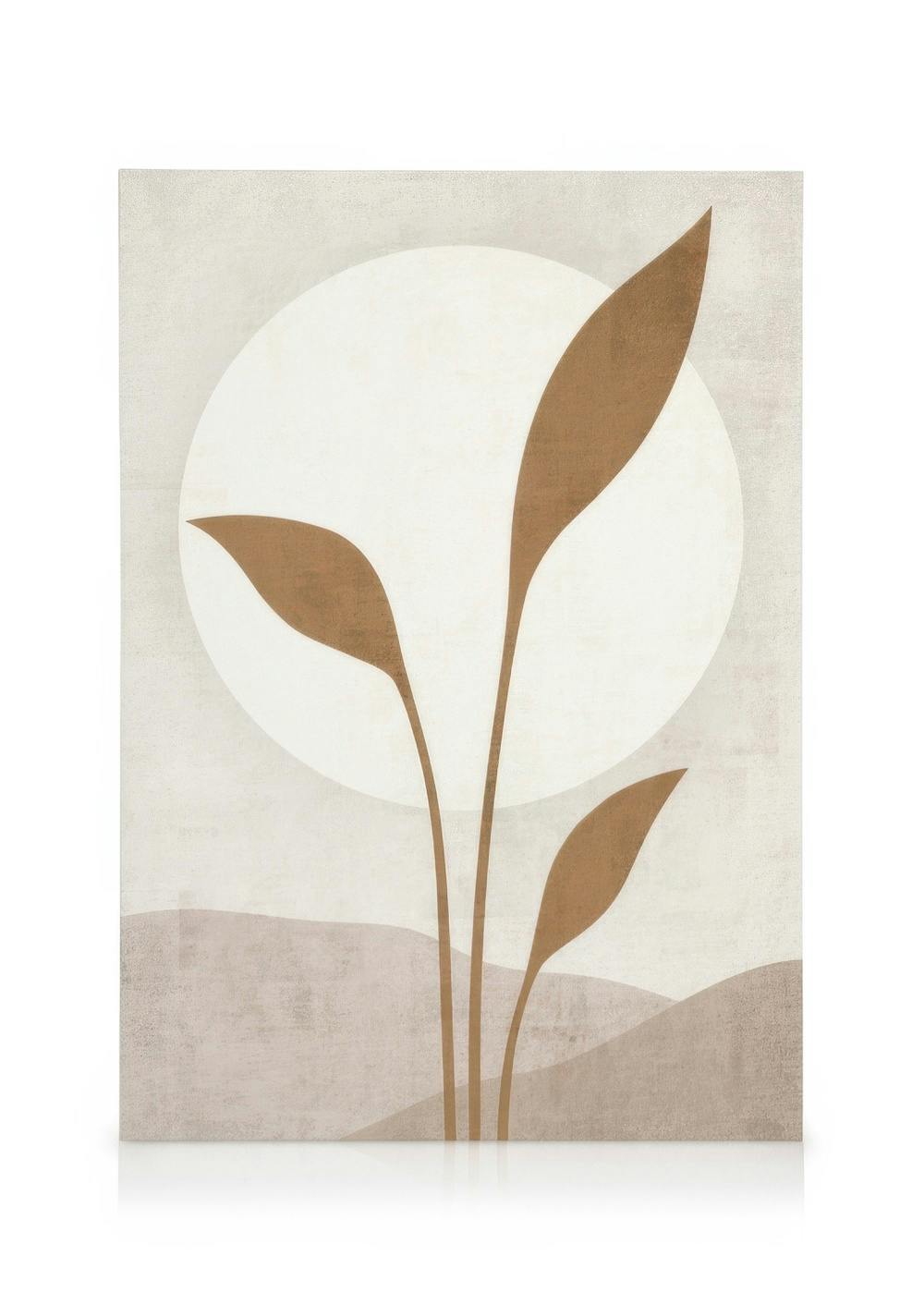 Beige canvas met gestileerde bruine plant en bladeren, ronde zon en zachte vormen op de achtergrond