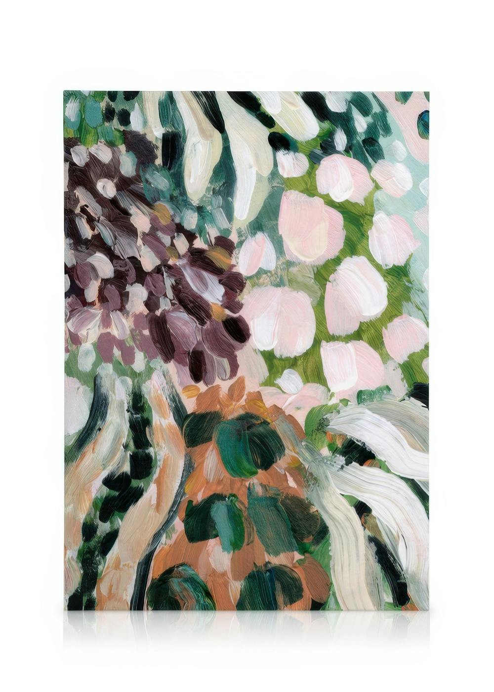 Abstract garden canvas print with thick green, brown, pink, and white brush strokes, modern textured canvas art.
