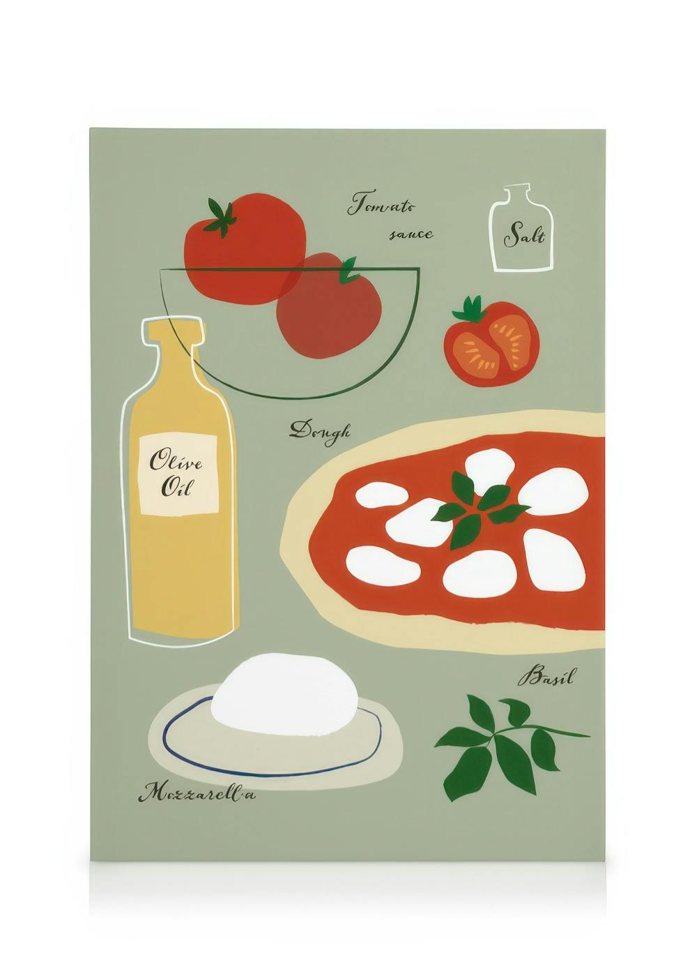 Stylized illustration of pizza ingredients: tomatoes, olive oil, mozzarella, dough, and basil on a light green background.
