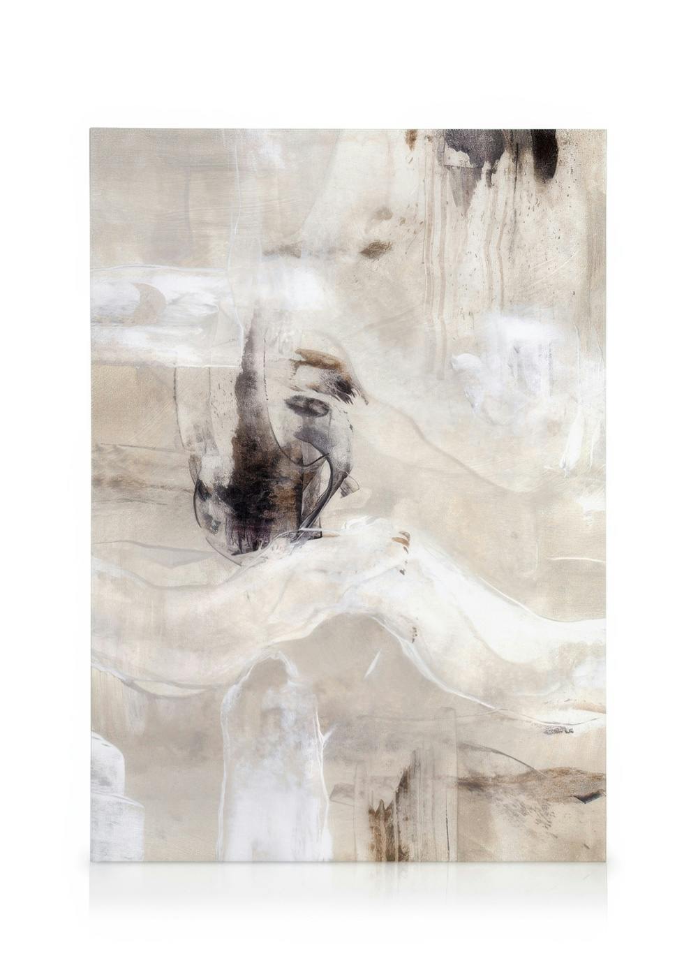 Toile abstraite beige, brune et blanche avec des coups de pinceau et une tache dencre noire au centre