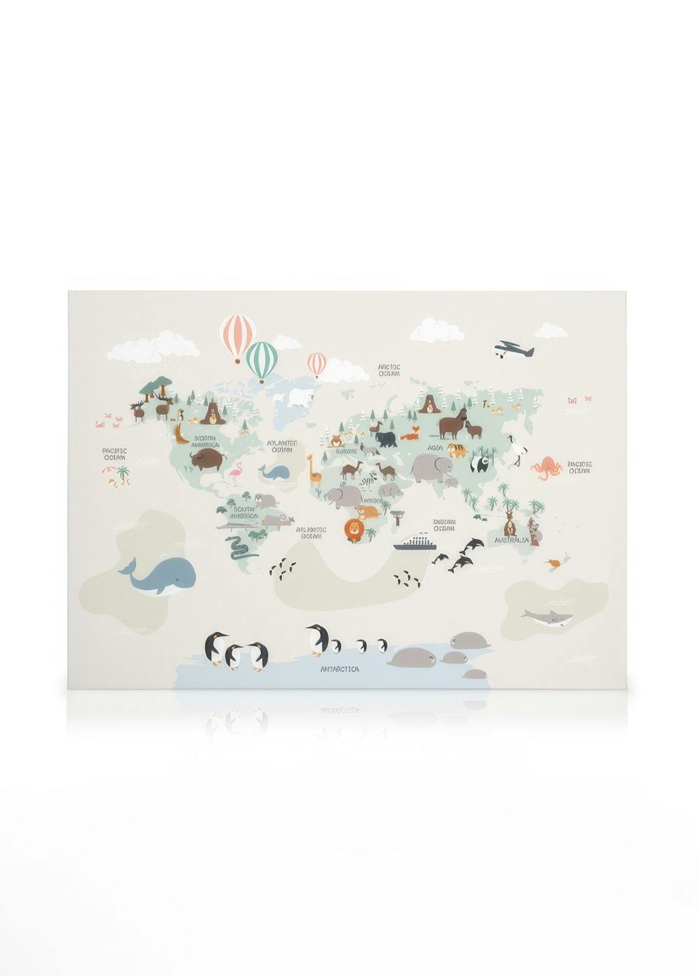 Canvas print of a world map with animals, landmarks, and ocean waves in soft, muted colours, perfect for kids.