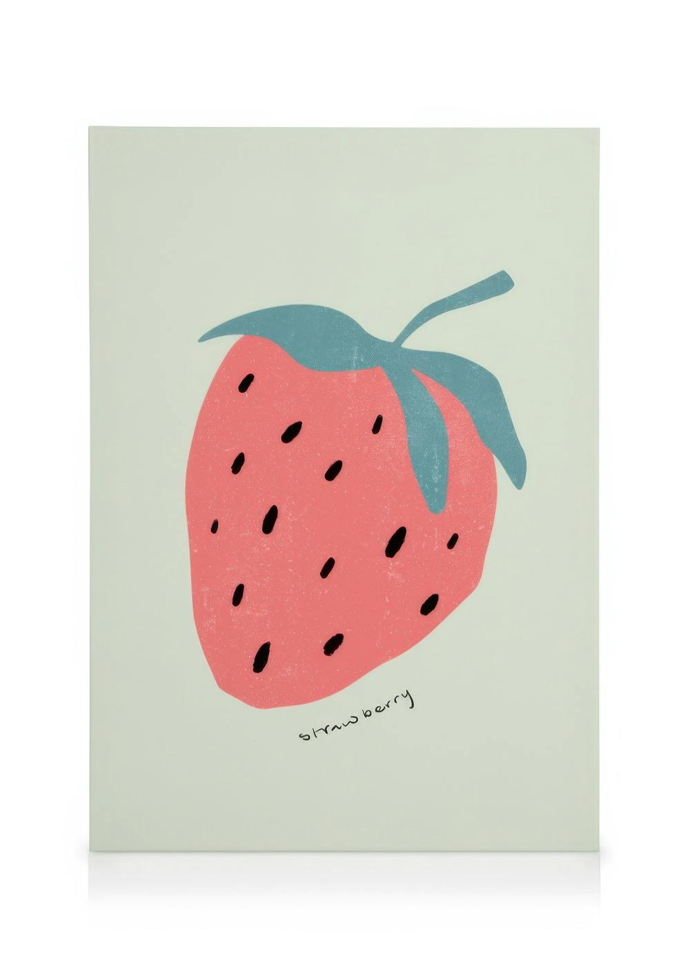 Grafische canvas met roze aardbei, blauwe bladeren, zwarte zaadjes en handgeschreven Strawberry op lichtgroene achtergrond.