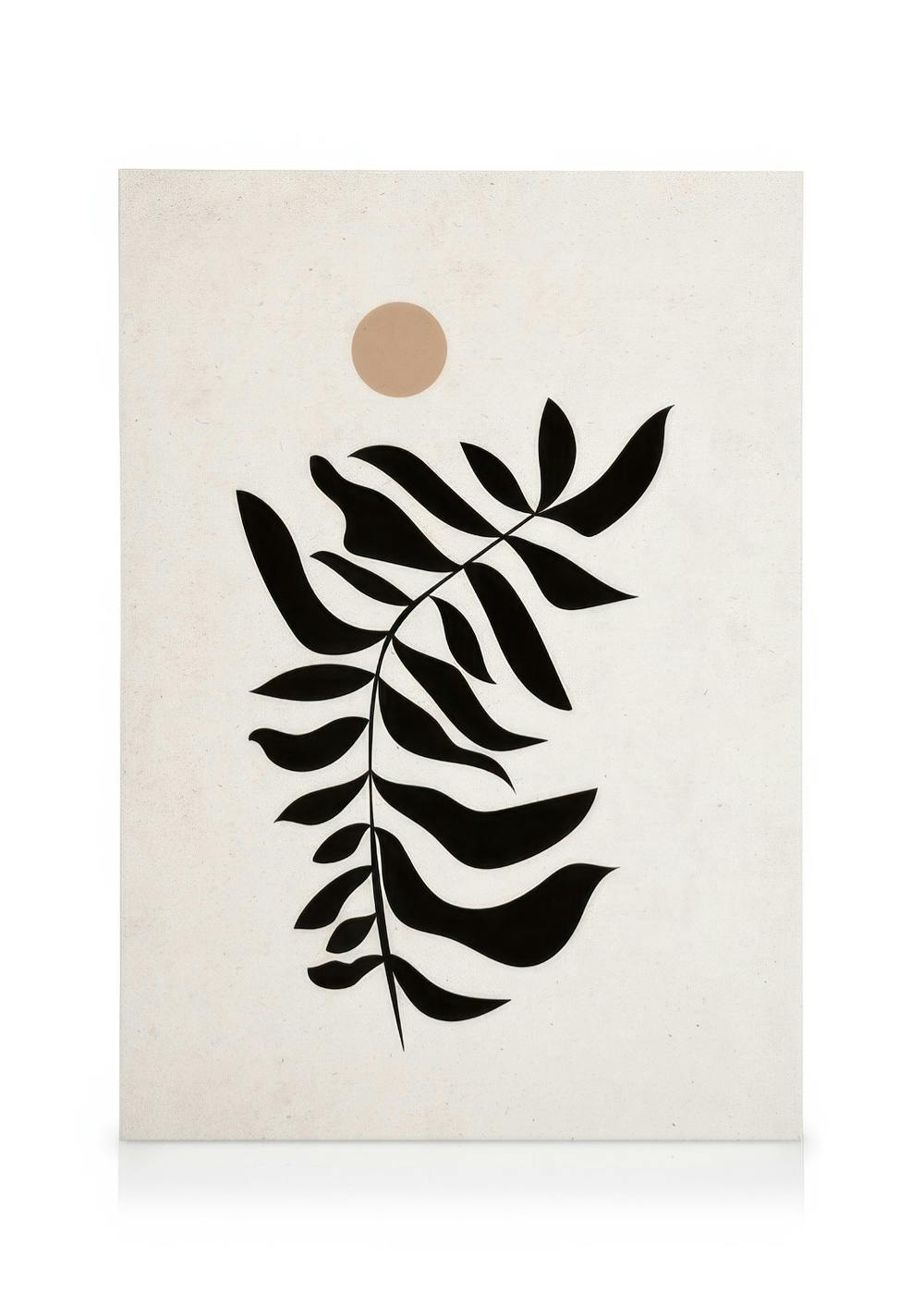 Musta lehti kanvaasi, jossa on tyylitelty musta kasvin oksa vaalealla pohjalla ja beigen värinen aurinko.