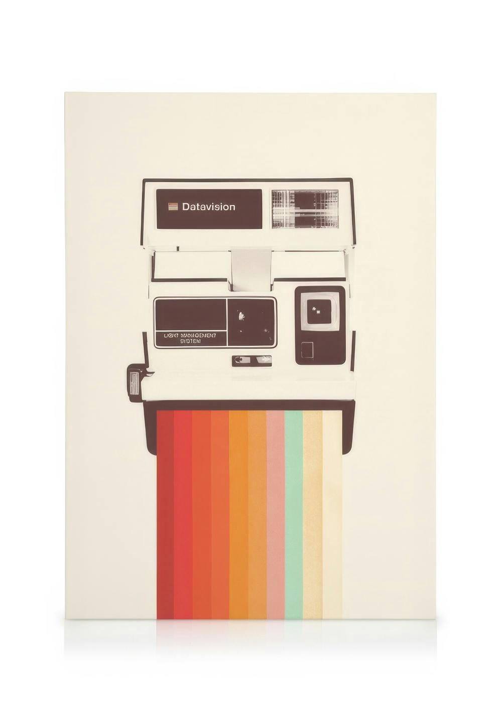 Vintage instant camera canvas print with colorful rainbow stripes emerging from the camera on a beige background.