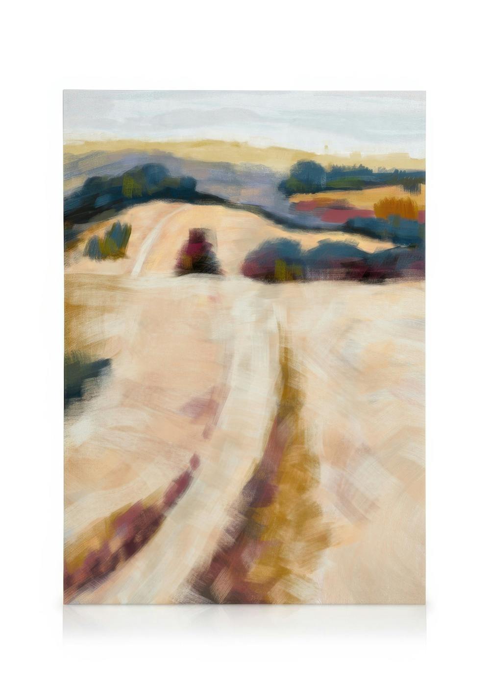 Abstract landscape canvas print with broad brushstrokes in yellow, beige, blue, and red tones.